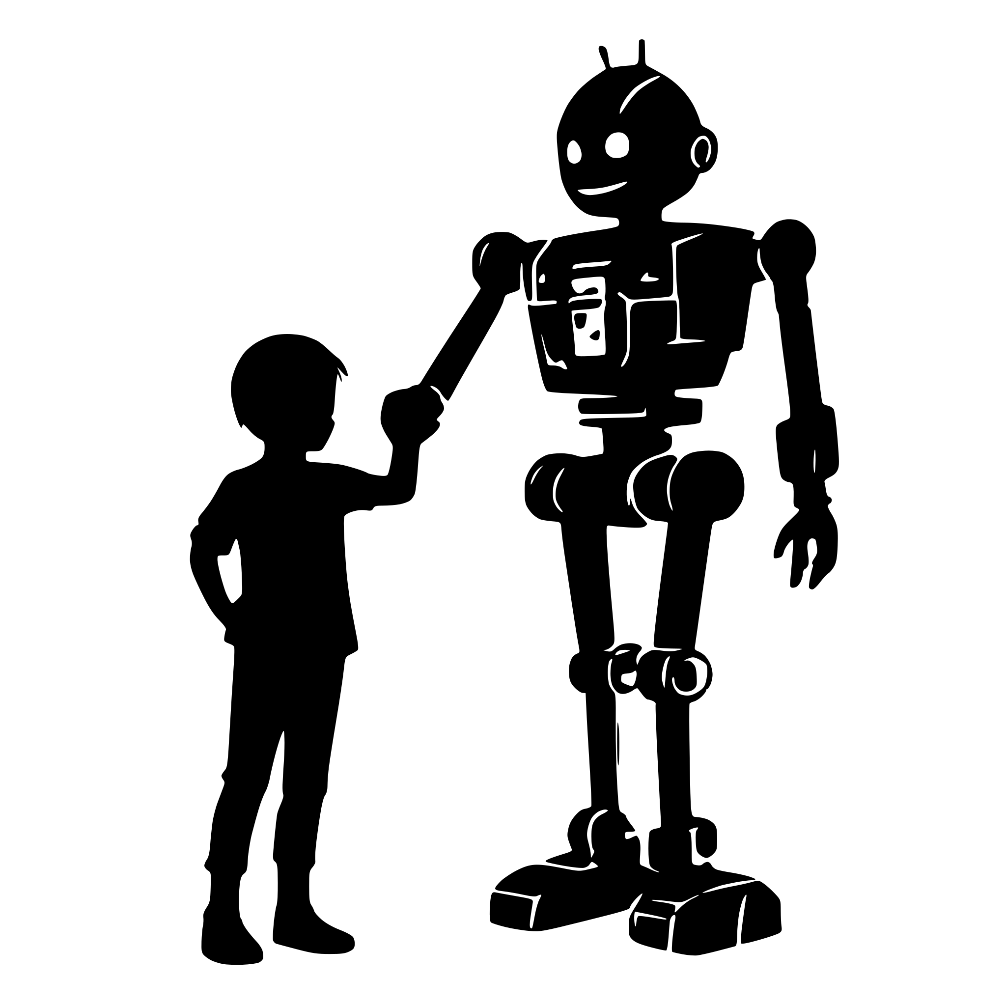 AI-generated SVG of a friendly boy playing with a robot. No background.
