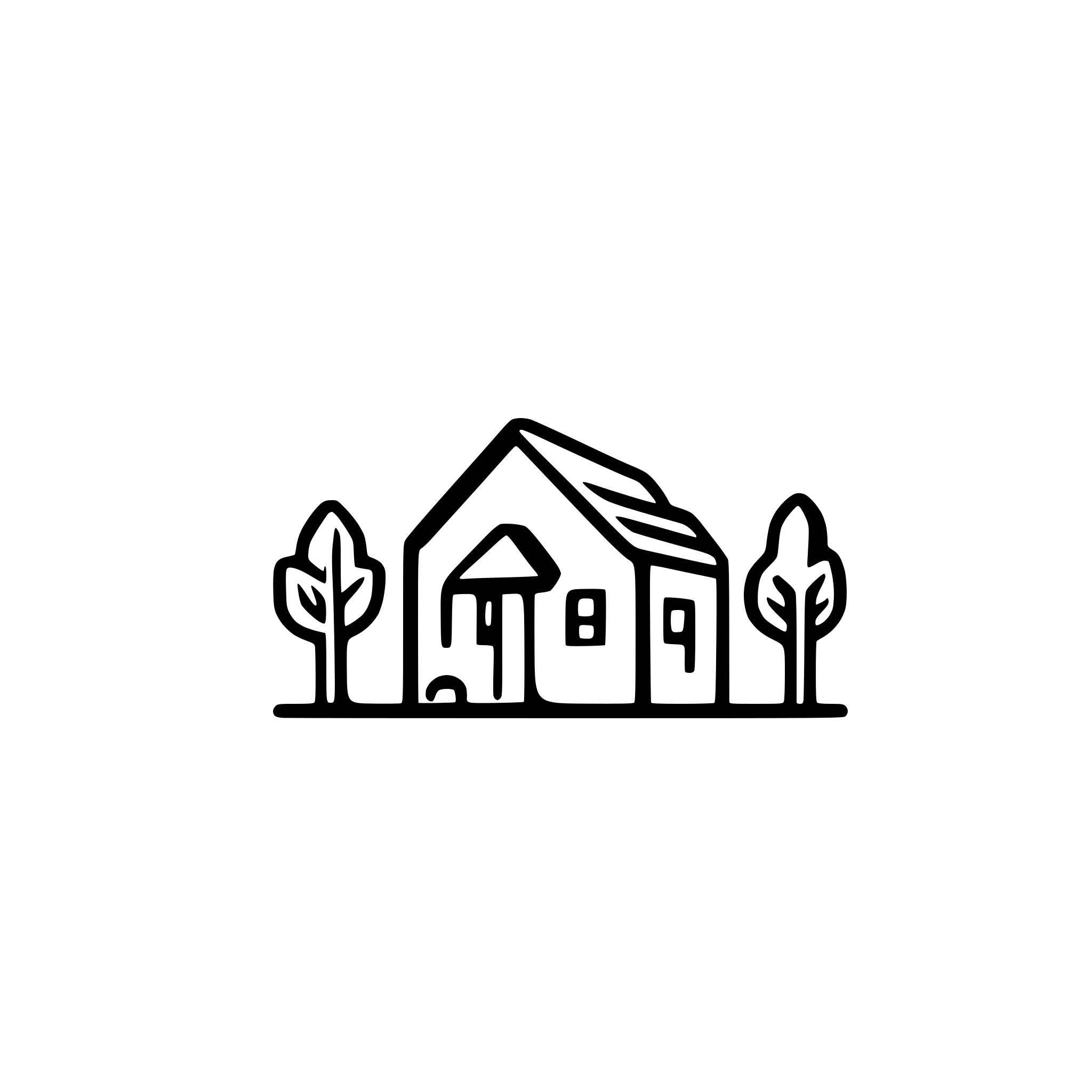 AI-generated SVG of a I need an svg  of some nature. Sold black lines. Trees, bushes, houses. Transparent background. flat icon style.