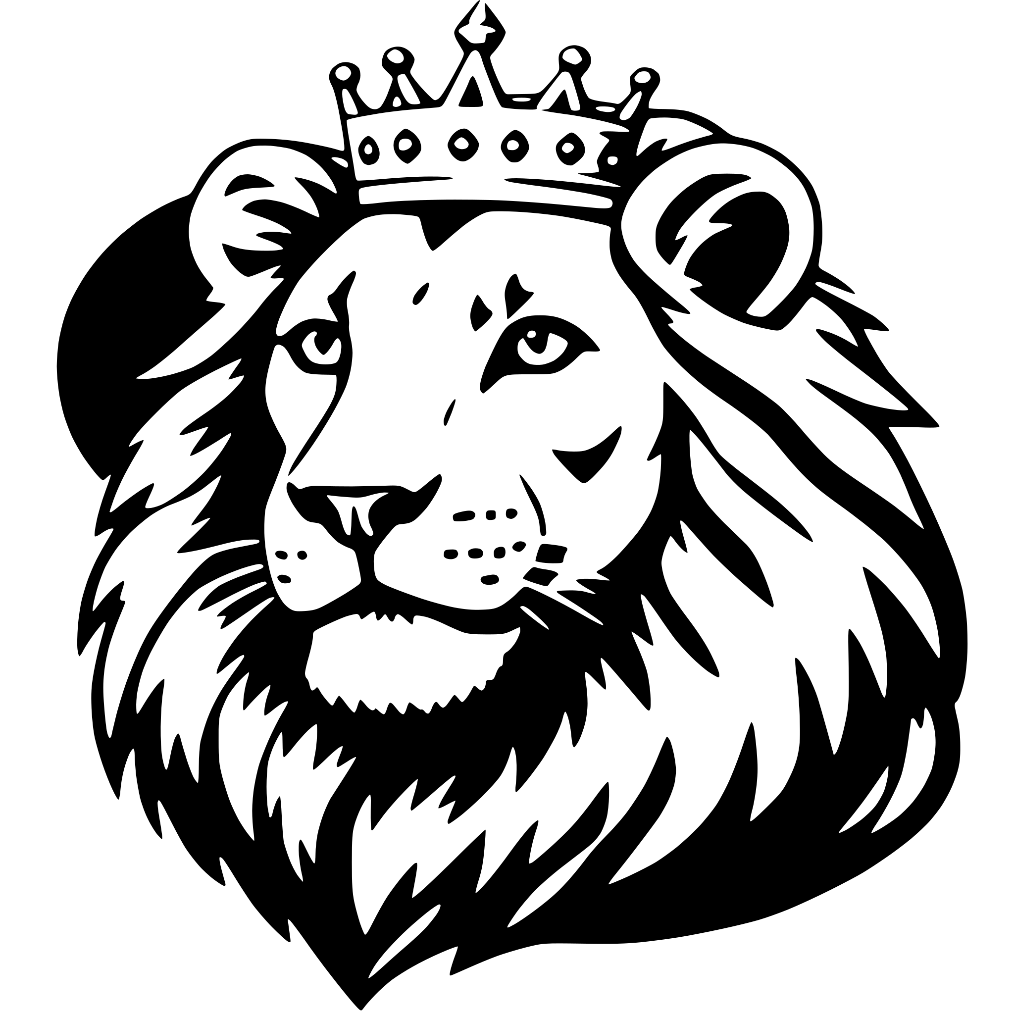 The SVG features a stylized graphic of a lion's head. The lion is depicted with a mane, a prominent nose, and a mouth that is slightly open. It has a regal appearance, with a crown on its head, suggesting a theme of royalty or majesty. The lion's eyes are looking directly at the viewer, giving it a direct and engaging gaze. The overall style of the SVG is bold and graphic, with a clear outline and a lack of shading or detail that would suggest depth or texture. The SVG is symmetrical, with the lion's face centered and balanced. 