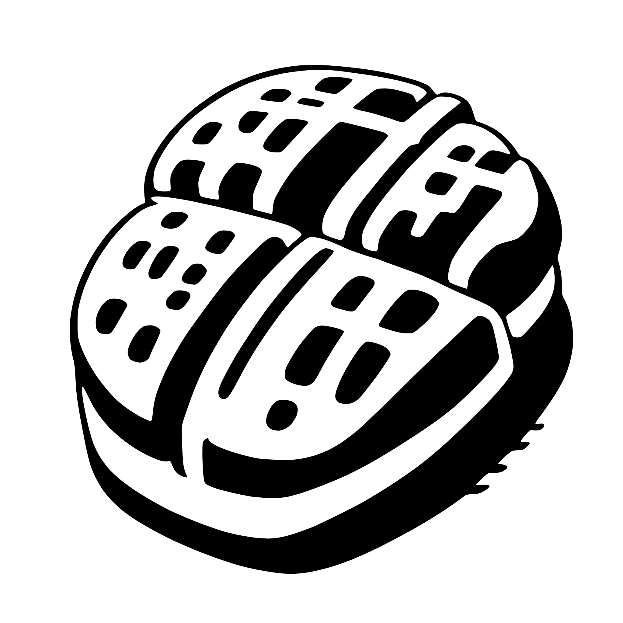 The SVG shows a stylized graphic of a pair of shoes. The shoes are depicted in a simplified, cartoon-like manner with a black outline and white fill. They are positioned one on top of the other, with the top shoe slightly overlapping the bottom one. The design is flat with no shading or depth, giving it a two-dimensional appearance. The shoes have a patterned design on the side, which could be interpreted as a representation of a cityscape or a similar abstract pattern. The SVG does not contain any text or additional elements. 