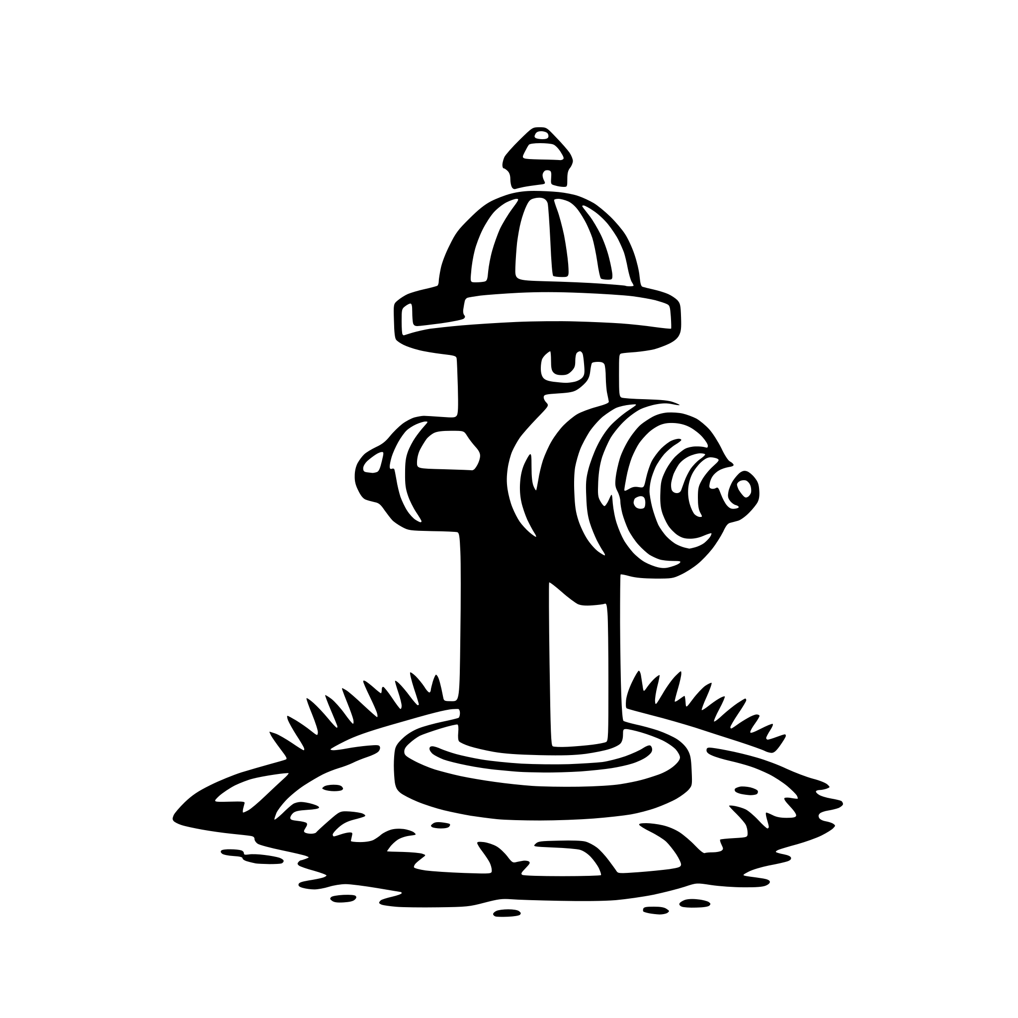 The SVG shows a black and white line drawing of a fire hydrant. The hydrant is depicted with a cylindrical body, a dome-shaped top, and a spout with two nozzles. It is situated on a base that appears to be a patch of grass or a small mound. The hydrant is the central object in the SVG, and there is no interaction between the hydrant and other objects, as it is the sole focus of the SVG. 