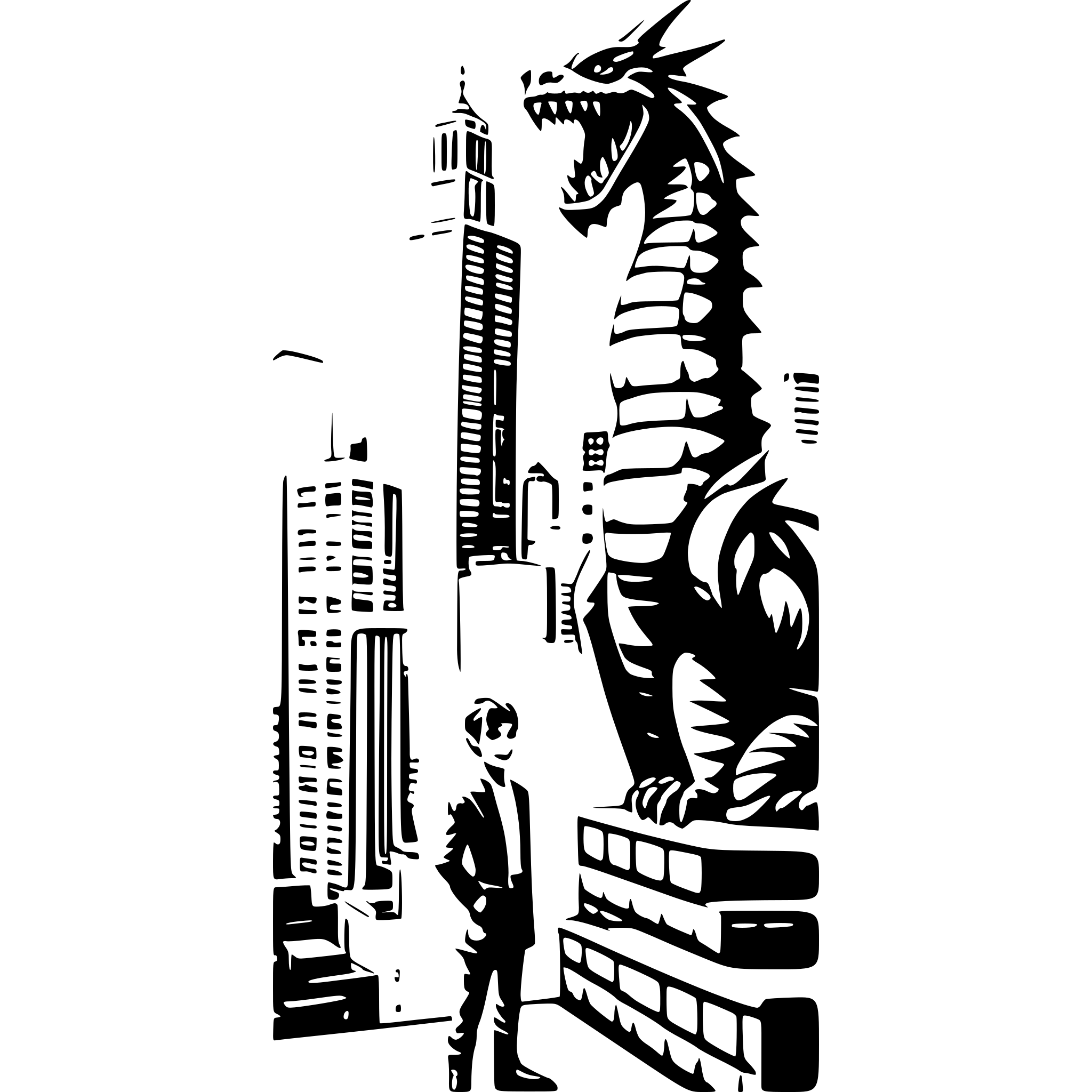 AI-generated SVG of a a man is standing on the corner of a rooftop overlooking the city while a dragon rises from the skyline the dragon is facing directly towards the camera and the buildings are on fire