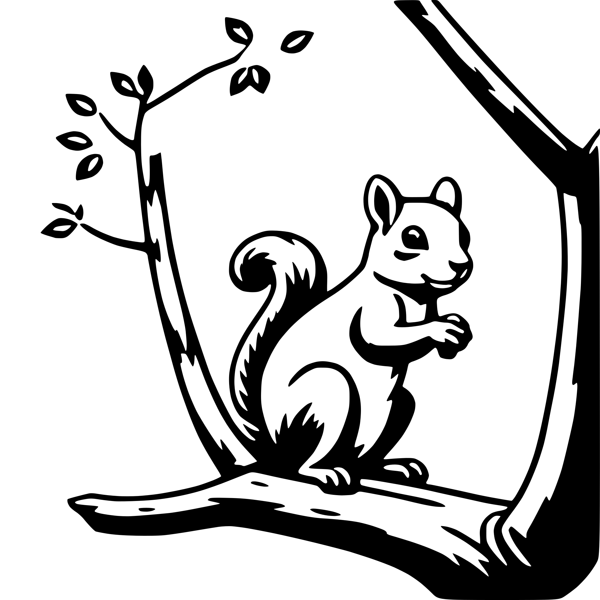 The SVG depicts a cartoon-style illustration of a squirrel perched on a tree branch. The squirrel is facing the viewer, with its front paws extended outward as if it's reaching for something or balancing itself. The tree branch has a few leaves and a rough texture, suggesting a natural, outdoor setting. The squirrel's tail is curled around its body, and it appears to be in a relaxed or alert posture. The SVG is simple and clear, with no additional objects or interactions. 