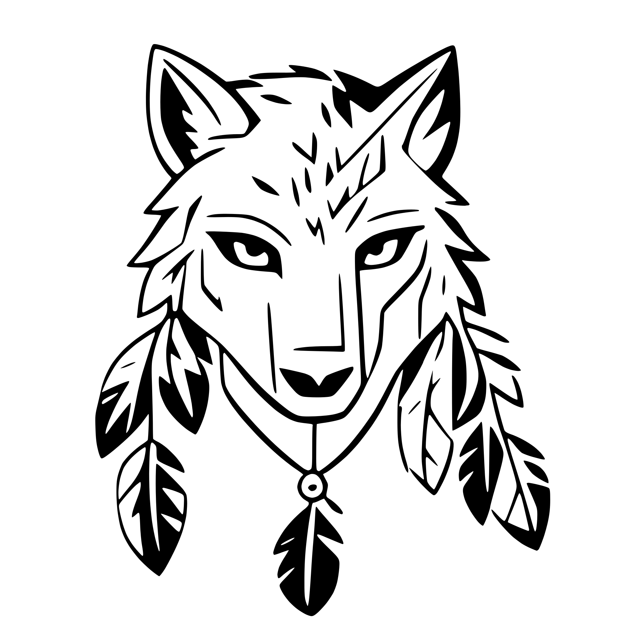 AI-generated SVG of 'tribal wolf head with feathers'