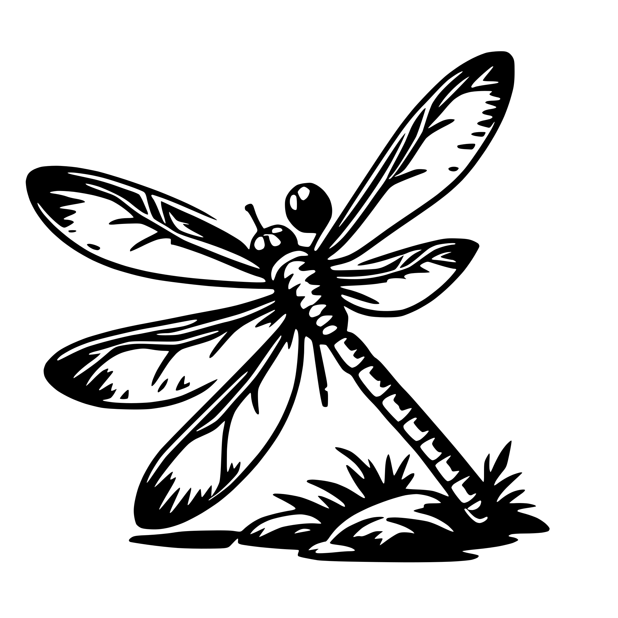The SVG depicts a stylized dragonfly with its wings spread out, resting on a plant with small leaves. The dragonfly has a long, slender body with a prominent head and antennae. The wings are elongated with a series of veins, and the body is segmented with a visible abdomen. The dragonfly is positioned on a stem with a few leaves, suggesting a natural habitat. The SVG is a vector graphic, which means it is composed of lines and shapes that can be scaled without losing quality. 
