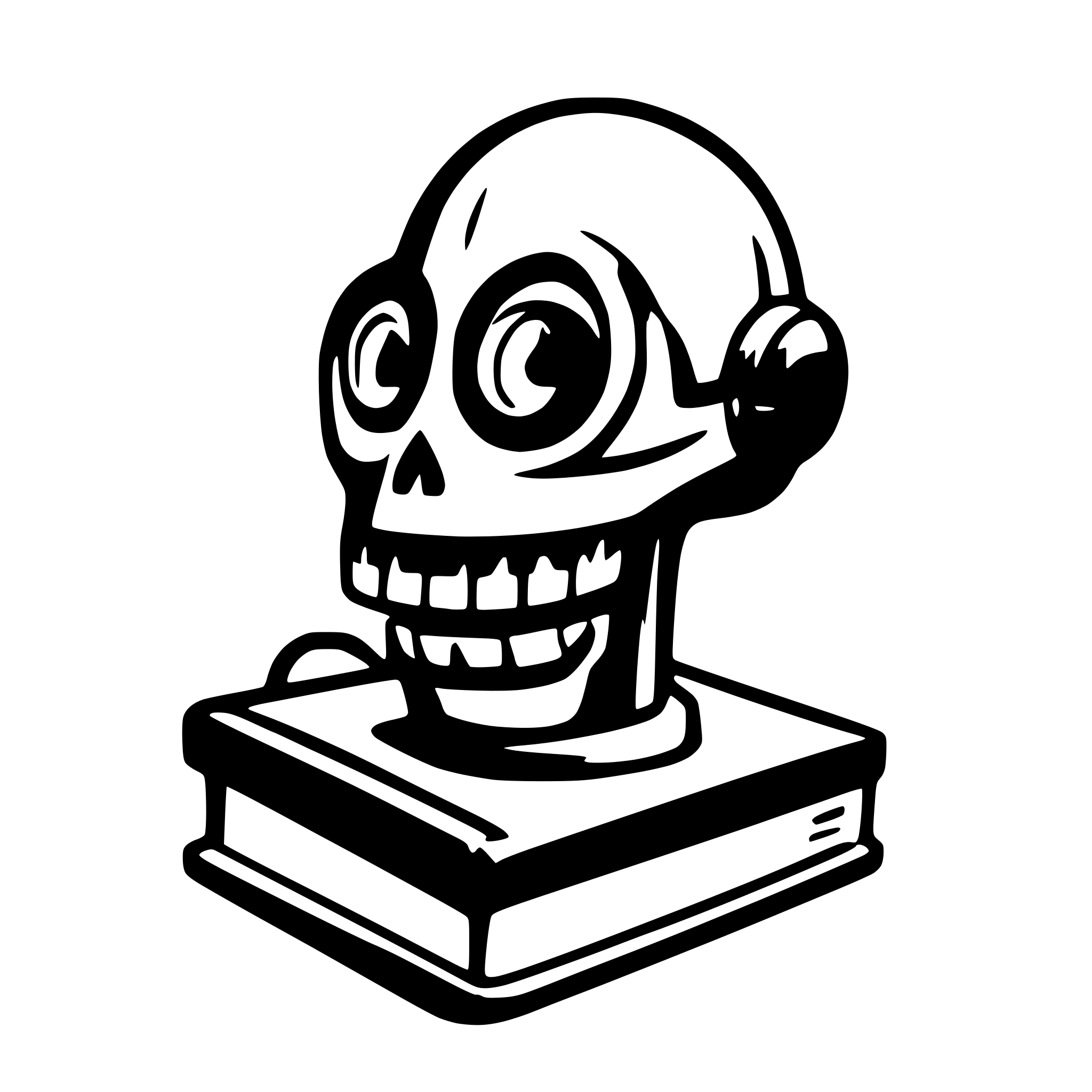AI-generated SVG of a 2D grimdark opened book and servator skull with an ocular device on one eye as the book's cover image