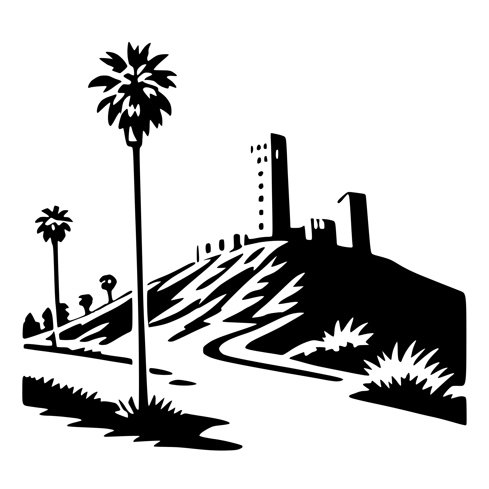 The SVG depicts a stylized, silhouette-style illustration of a landscape scene. The main objects include a tall palm tree on the left, a winding road that curves around the base of the tree, and a hill or mountain with a building or structure on top. The scene is set against a plain background, and the SVG is rendered in a simple, black-and-white line art style. The palm tree and the road are the most prominent features, with the building on the hill providing a focal point in the background. The SVG does not depict any interaction between the objects; it is a static representation of a typical landscape scene. 