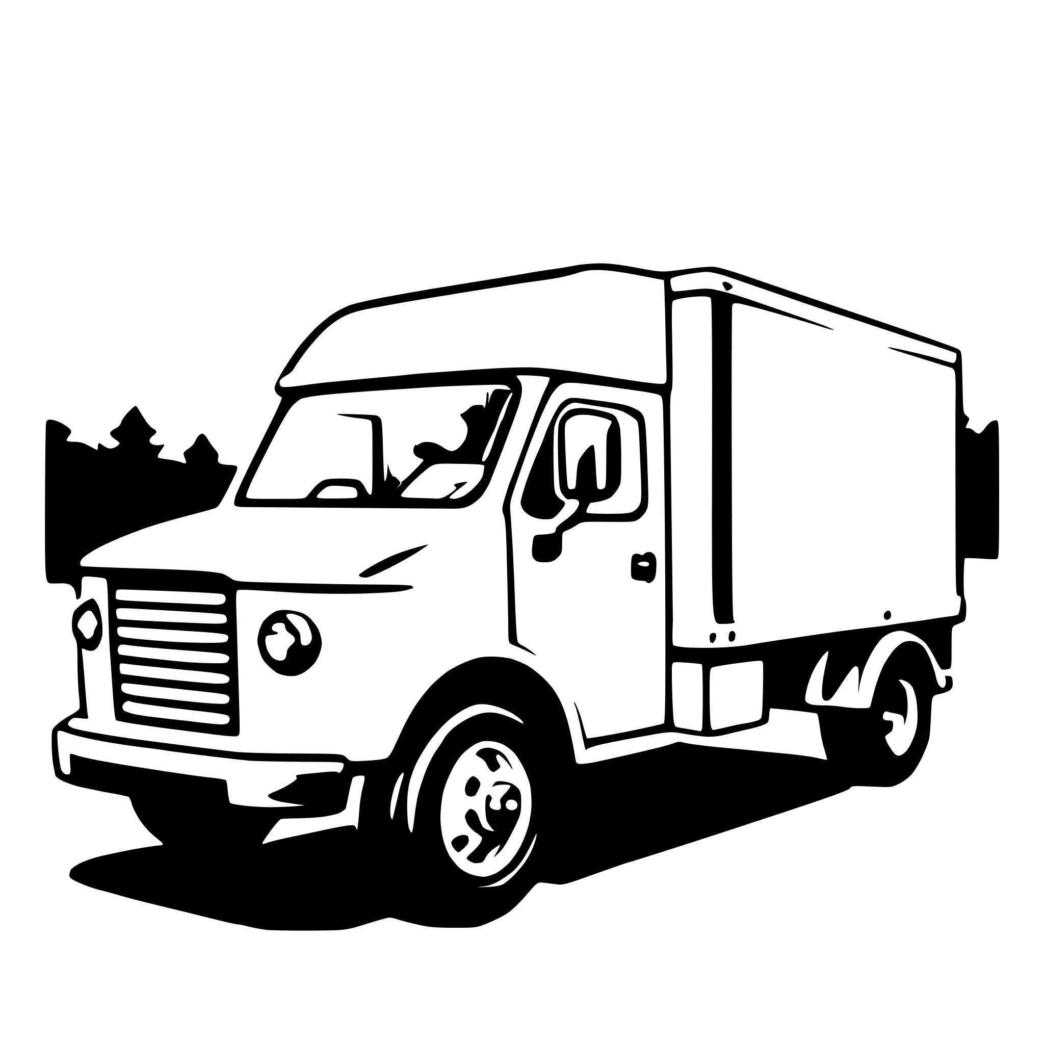 The SVG depicts a simple line drawing of a delivery truck. The truck is shown in profile, with the front facing the viewer. It has a boxy shape with a flat front and a sloped roof. The truck's design includes a visible grille, headlights, and a windshield. The wheels are depicted with a hubcap and a tire tread pattern. The truck is parked on a flat surface, and there is a faint outline of a forest or trees in the background, suggesting a rural or semi-rural setting. The SVG is minimalistic and does not contain any text or additional details. 