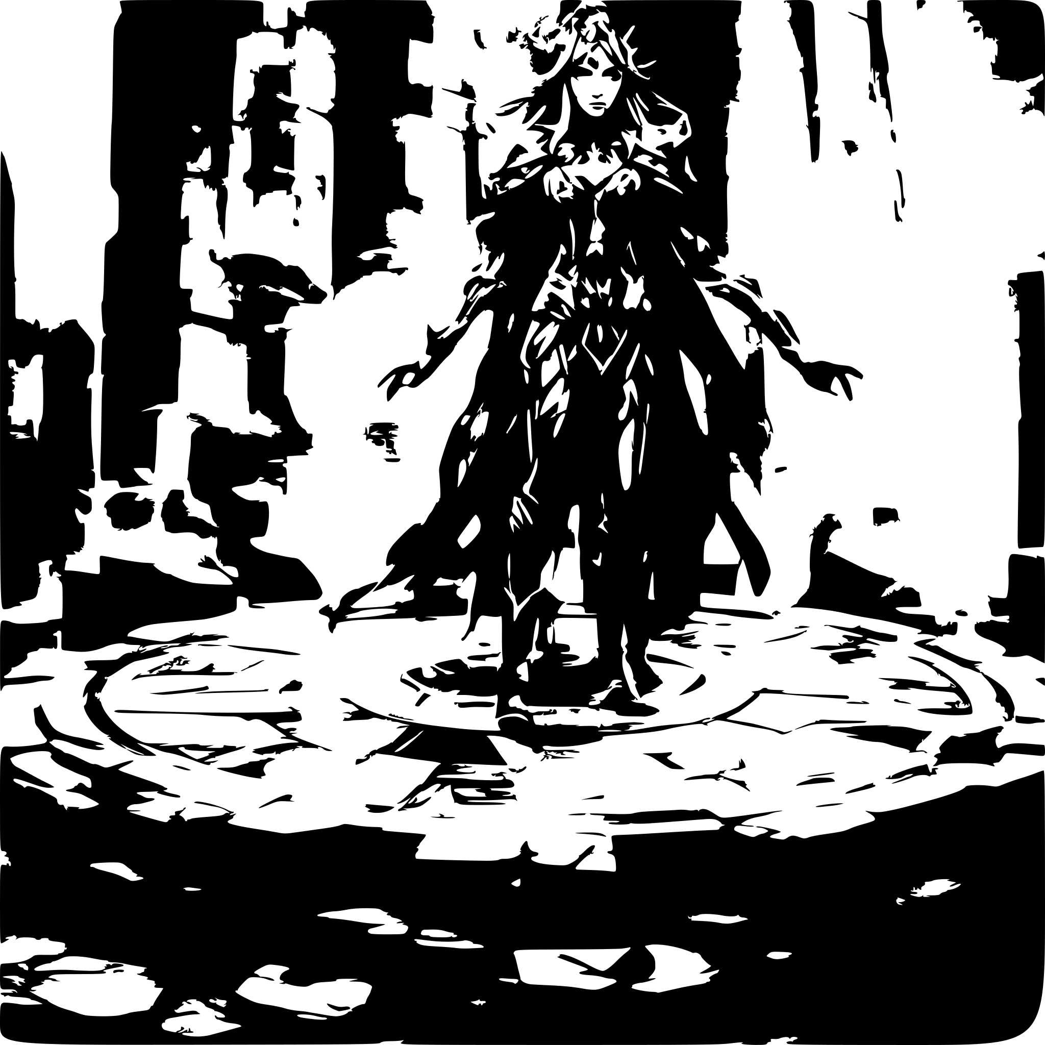 AI-generated SVG of a Syndra stands at the center of a shattered stone platform floating in mid-air. The platform is made of cracked grey granite slabs with glowing purple arcane runes etched into each fragment. Jagged pieces of broken pillars and rubble orbit around her, suspended by her telekinetic power. Her body is tall and slender, clad in dark-purple armor: a form-fitting high-collared chestpiece with silver filigree, sleek black vambraces edged in silver, and thigh-high boots that leave narrow strips of violet