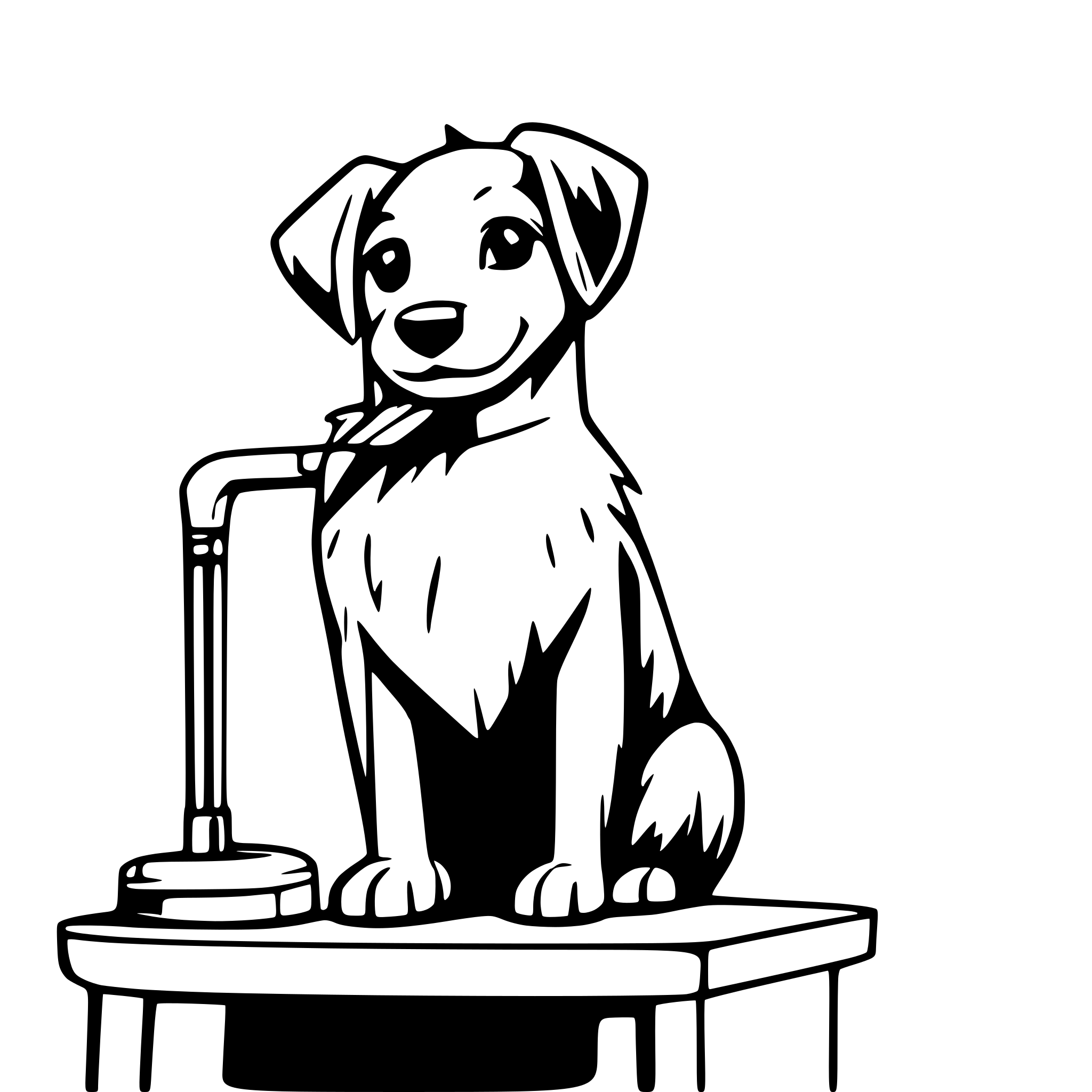 AI-generated SVG of a Happy Dog Standing on Grooming Table: A groomer trimming the dog’s fur with scissors in hand.