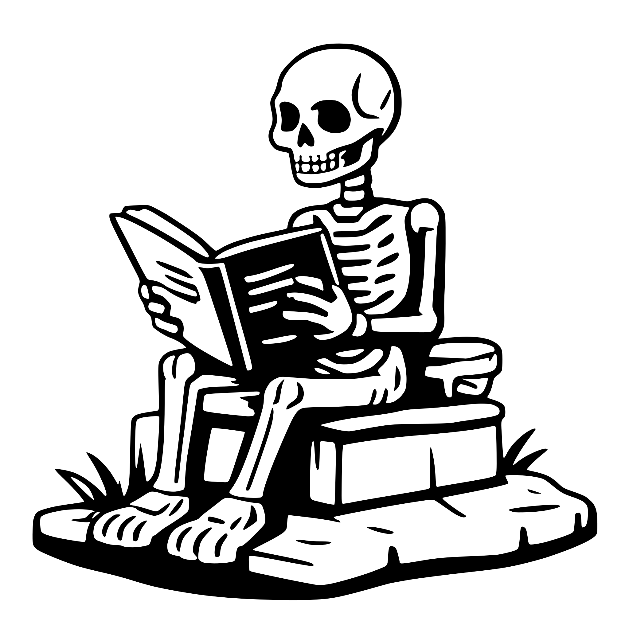 AI-generated SVG of a a skeleton sitting on a grave an reading