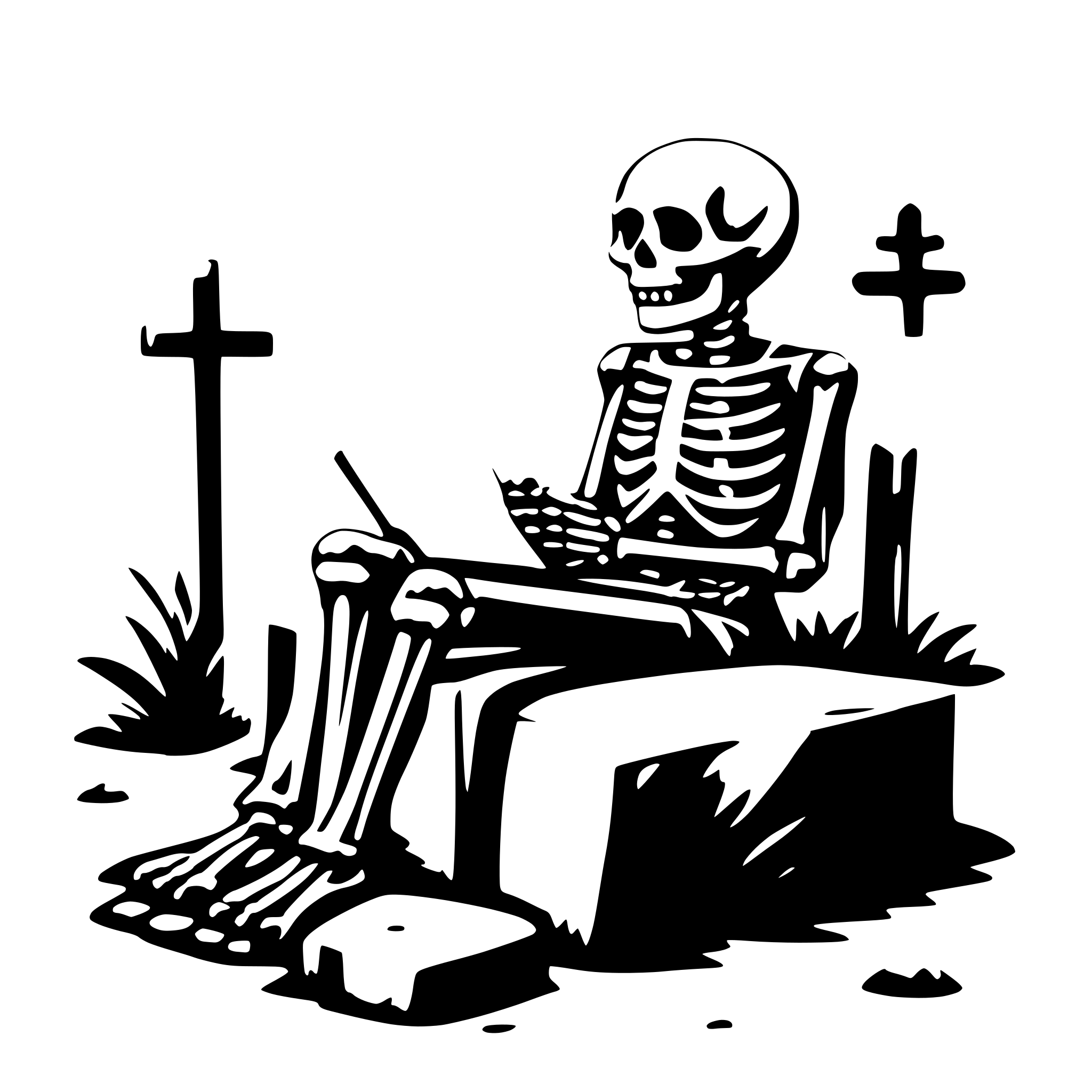 AI-generated SVG of a a skeleton reading on a grave