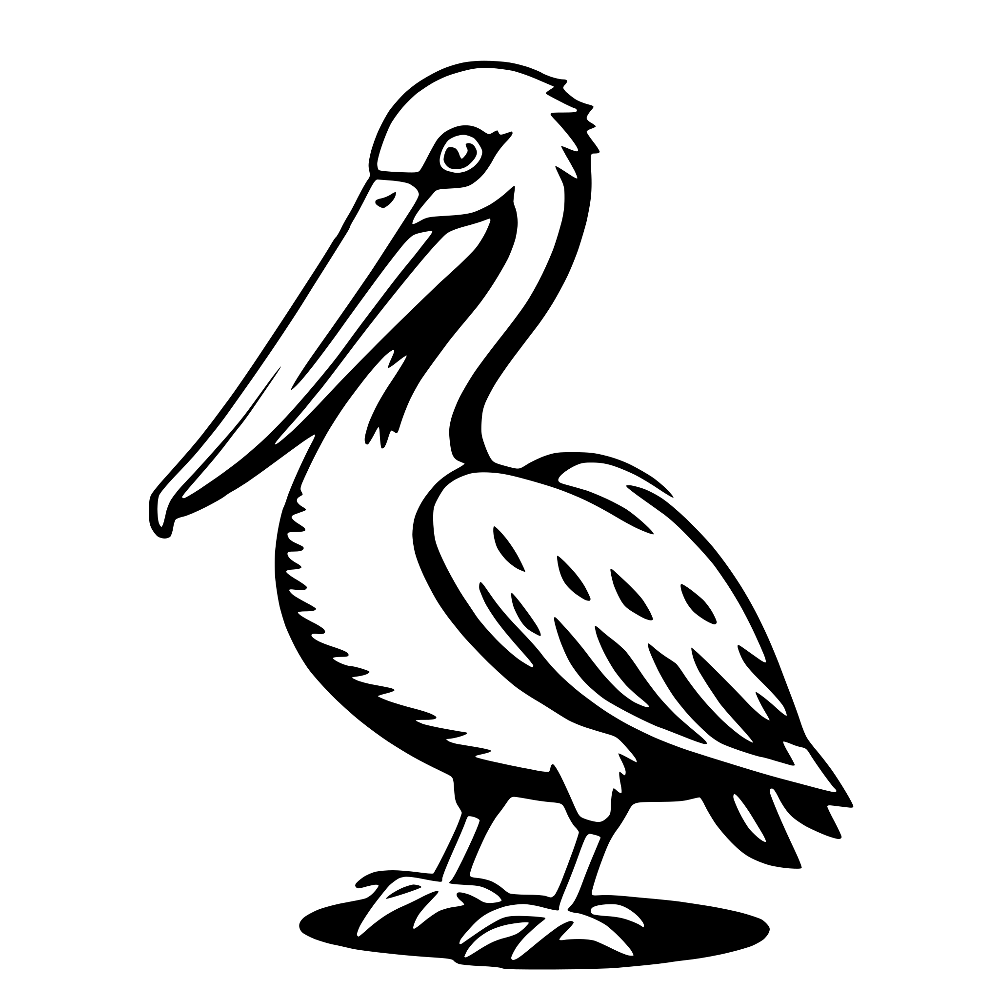 The SVG depicts a stylized black and white illustration of a bird, which appears to be a crane or a similar long-necked bird. The bird is standing upright with its long neck extended forward, and its head is turned slightly to the left. The body of the bird is elongated, and it has a prominent beak. The bird's legs are short and sturdy, and it has webbed feet. The tail feathers are visible and are also elongated. The bird's eyes are small and round, and it has a small crest on its head. The illustration is simple and does not include any additional elements or background details. 