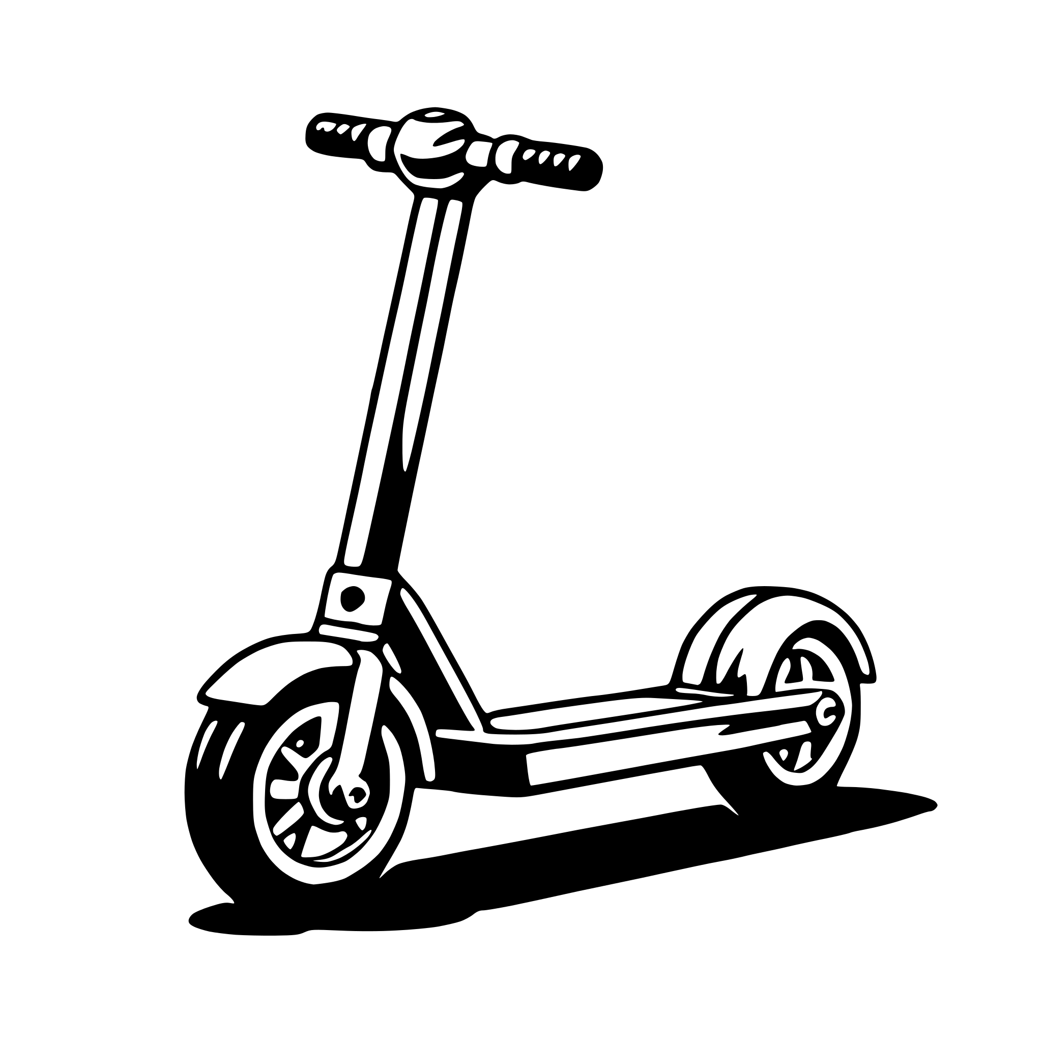 The SVG shows a simple line drawing of a scooter. The scooter has a handlebar at the top, a seat in the middle, and two wheels at the bottom. The wheels are attached to the scooter frame, and the scooter is depicted in a side view, with the handlebar on the left and the wheels on the right. The scooter is not in motion, and there are no other objects or interactions depicted in the SVG. 