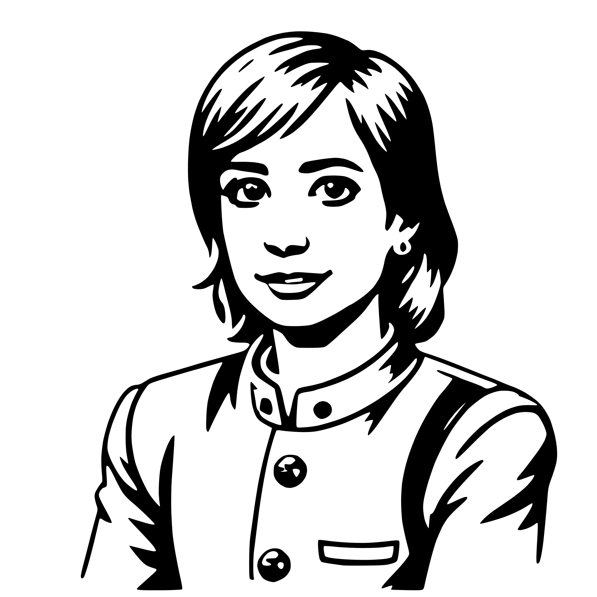 The SVG is a black and white line drawing of a person. The person appears to be a woman with short hair, wearing what seems to be a collared shirt with buttons. The style is simplistic and cartoon-like, with minimal detail and shading. The SVG does not contain any text or additional objects, and the main focus is on the person's face and upper torso. The interaction between the objects is not applicable in this context, as the SVG is a static graphic with no implied movement or interaction. 