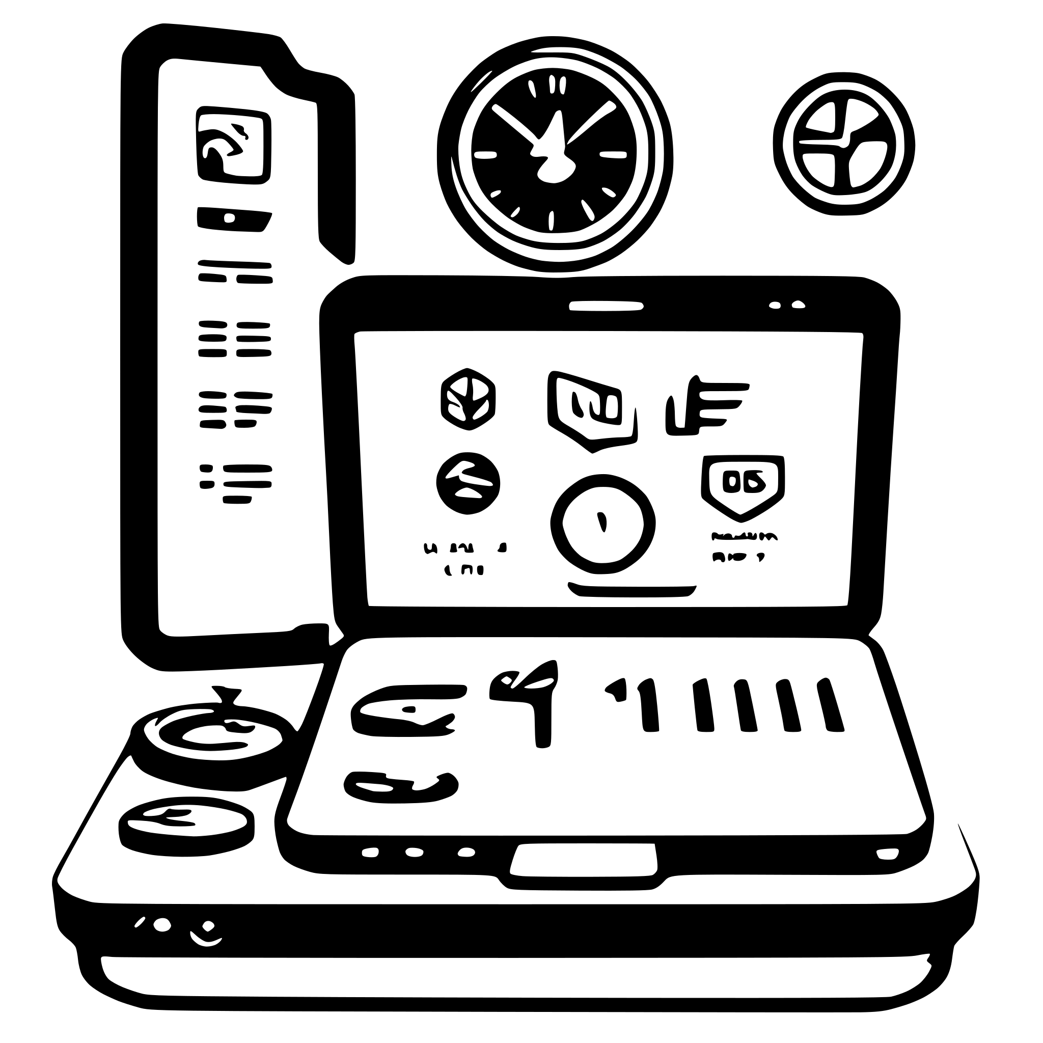 AI-generated SVG of 'A laptop displaying the SUBI dashboard, highlighting metrics like DSCR, ROI, and Payback Period. Surround the laptop with icons of a magnifying glass (analysis), handshake (negotiation), and clipboard (document generation).'