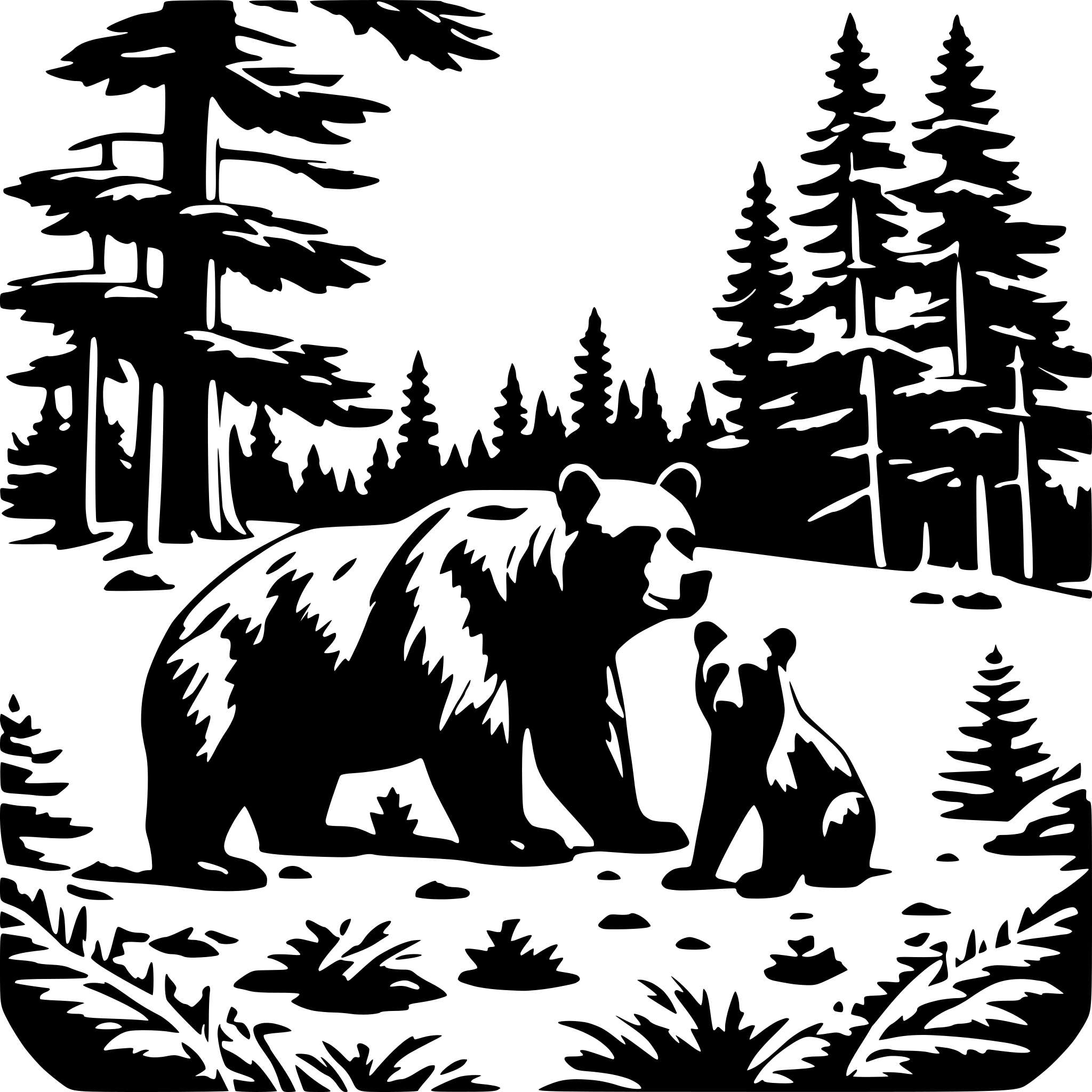 AI-generated SVG of 'nature scene with a mother black bear and her two cubs. Pine trees in background,  ferns in foreground'