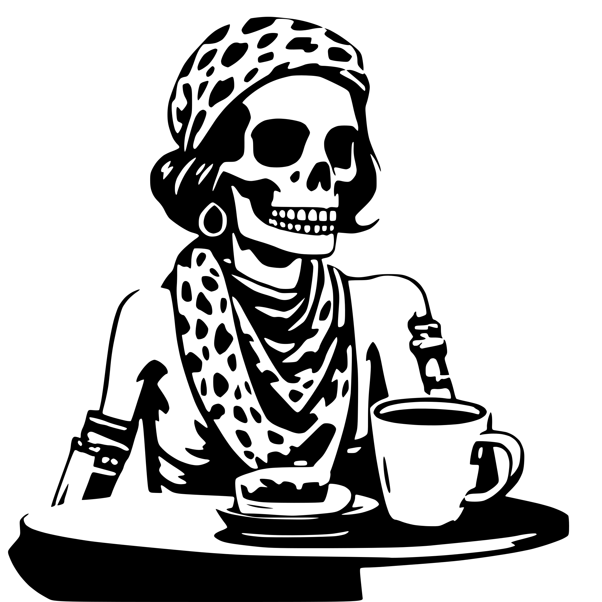 AI-generated SVG of a Skeleton head with messy bun cheetah print bandana holding coffee