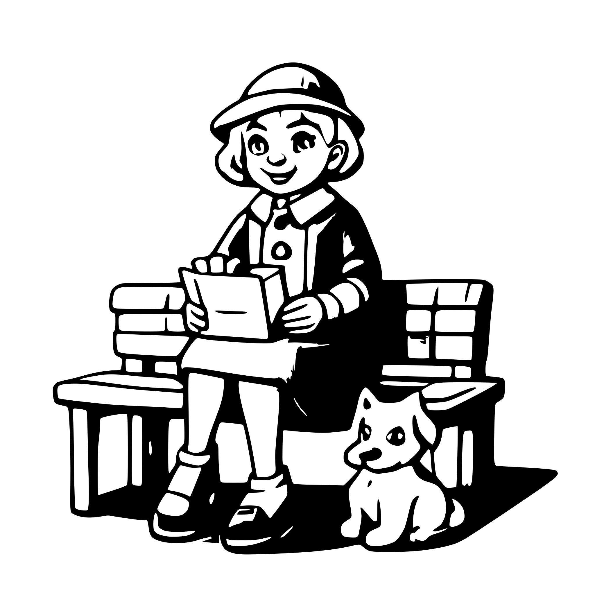 AI-generated SVG of a An old lady seated on a bench with a dog next to her
