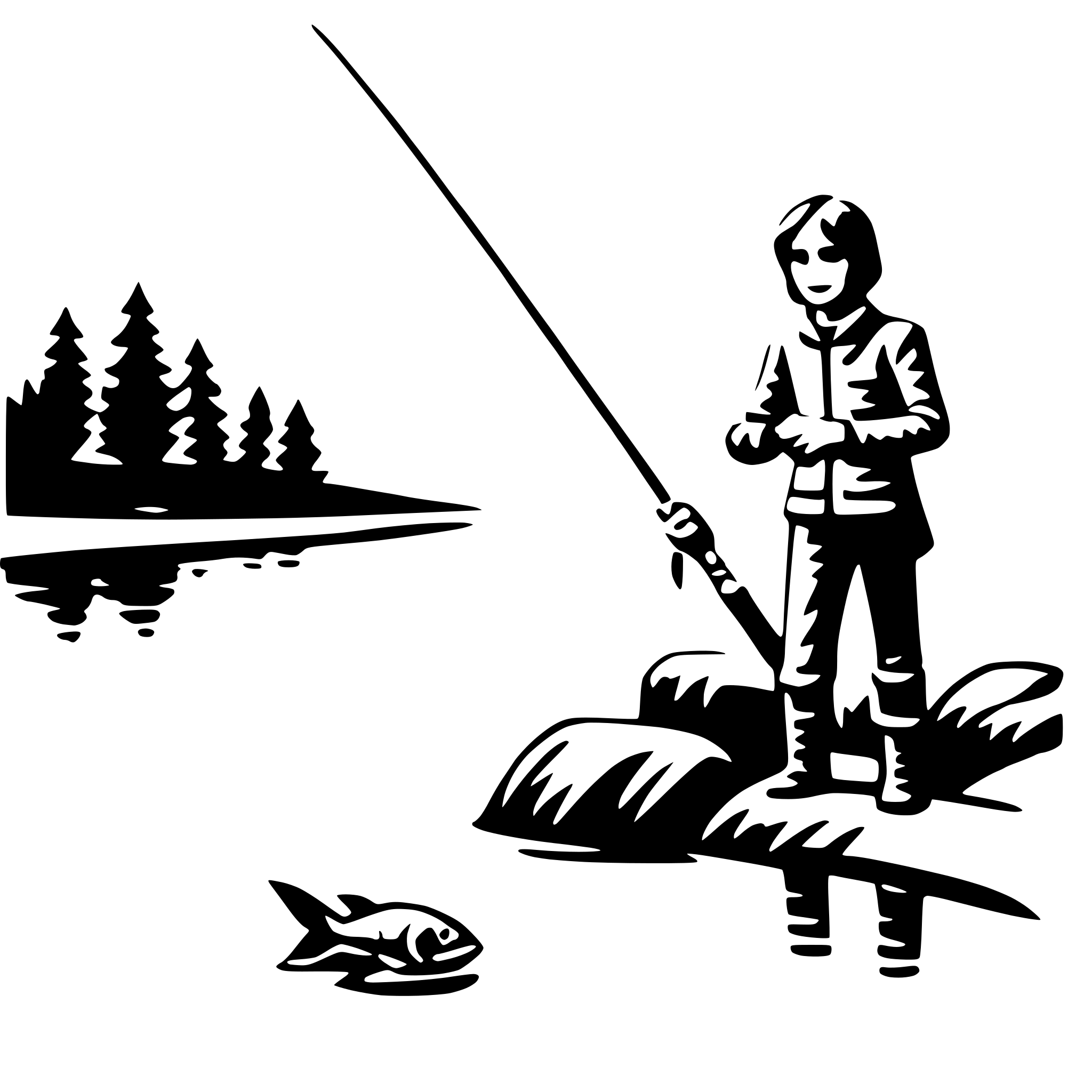 The SVG depicts a stylized illustration of a person fishing. The person is standing on a rock, holding a fishing rod with a fish on the line. Below the person, there is a fish lying on the ground, suggesting it has been caught. In the background, there is a body of water with a reflection of trees, indicating a natural, possibly forested, setting. The person is dressed in what appears to be a warm, outdoor clothing suitable for fishing, and the overall style of the SVG is simplistic and cartoonish. 