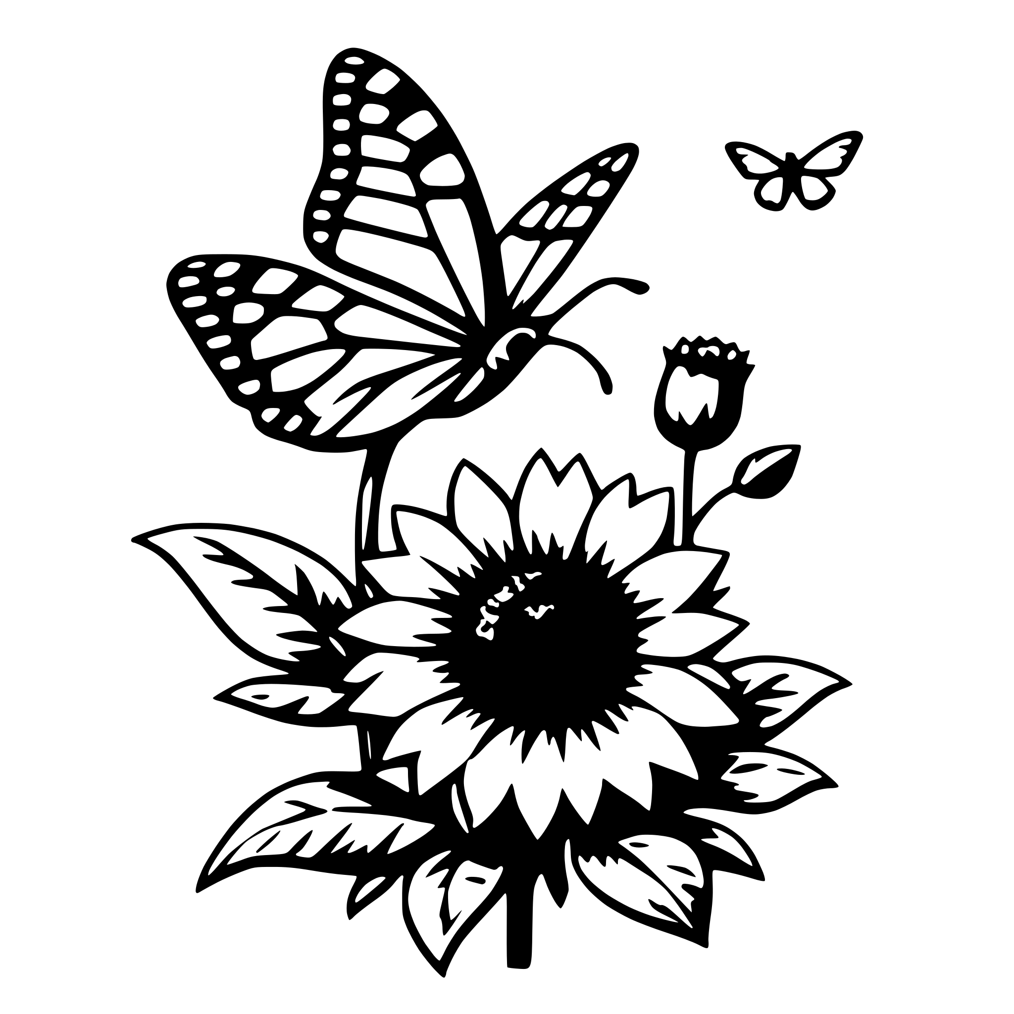 The SVG features a stylized illustration of a butterfly, a sunflower, and two butterflies in flight. The butterfly is perched on the stem of the sunflower, which is in full bloom with its large, dark center and bright, white petals. The two flying butterflies are positioned above the sunflower, one on each side, and they appear to be in motion, with their wings spread wide. The overall composition suggests a peaceful and serene garden scene. 