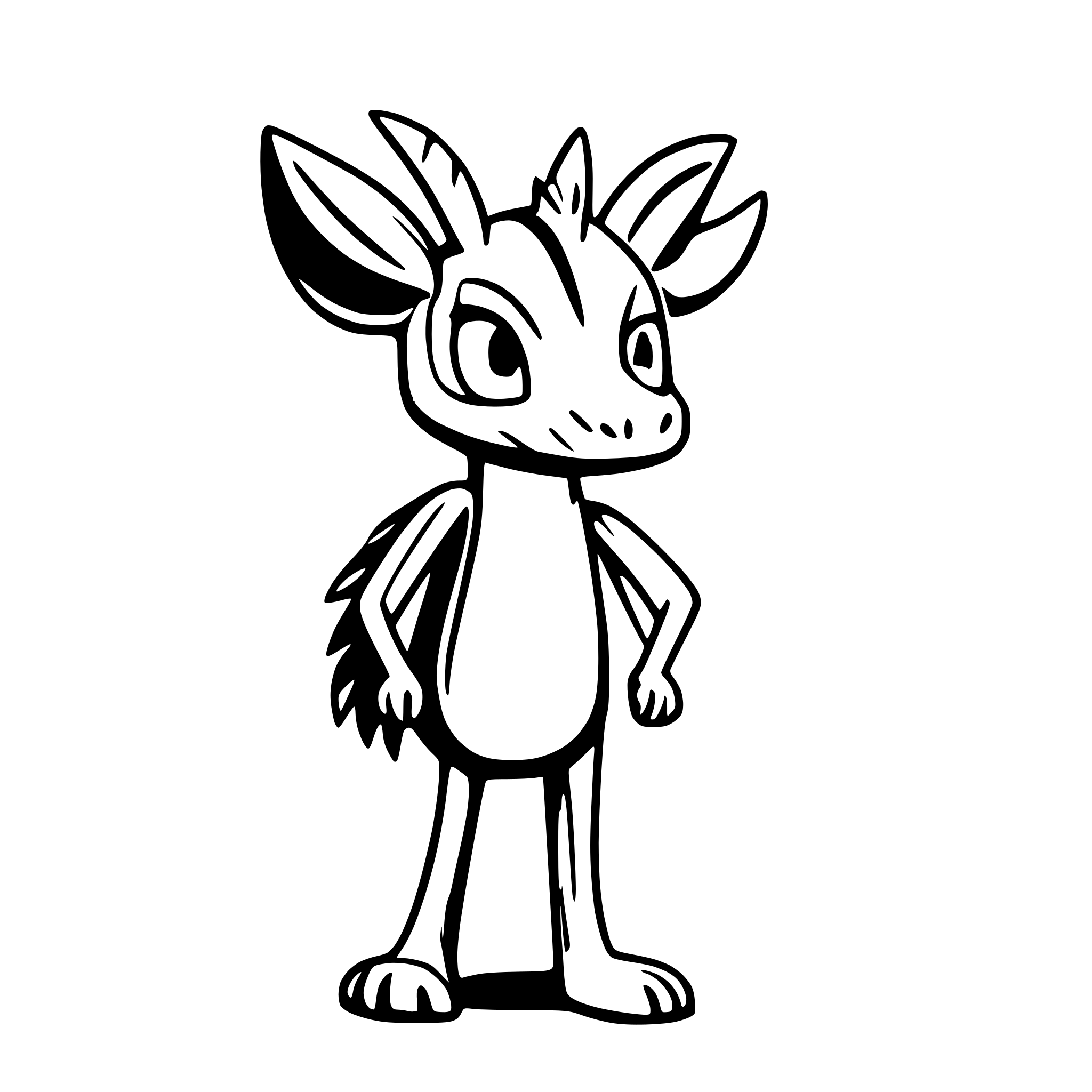 AI-generated SVG of 'a kangaroo-like creature with a horse-like face, complete with horns or antlers, bat-like wings, a long, forked tail, and cloven hooves on its bipedal legs'