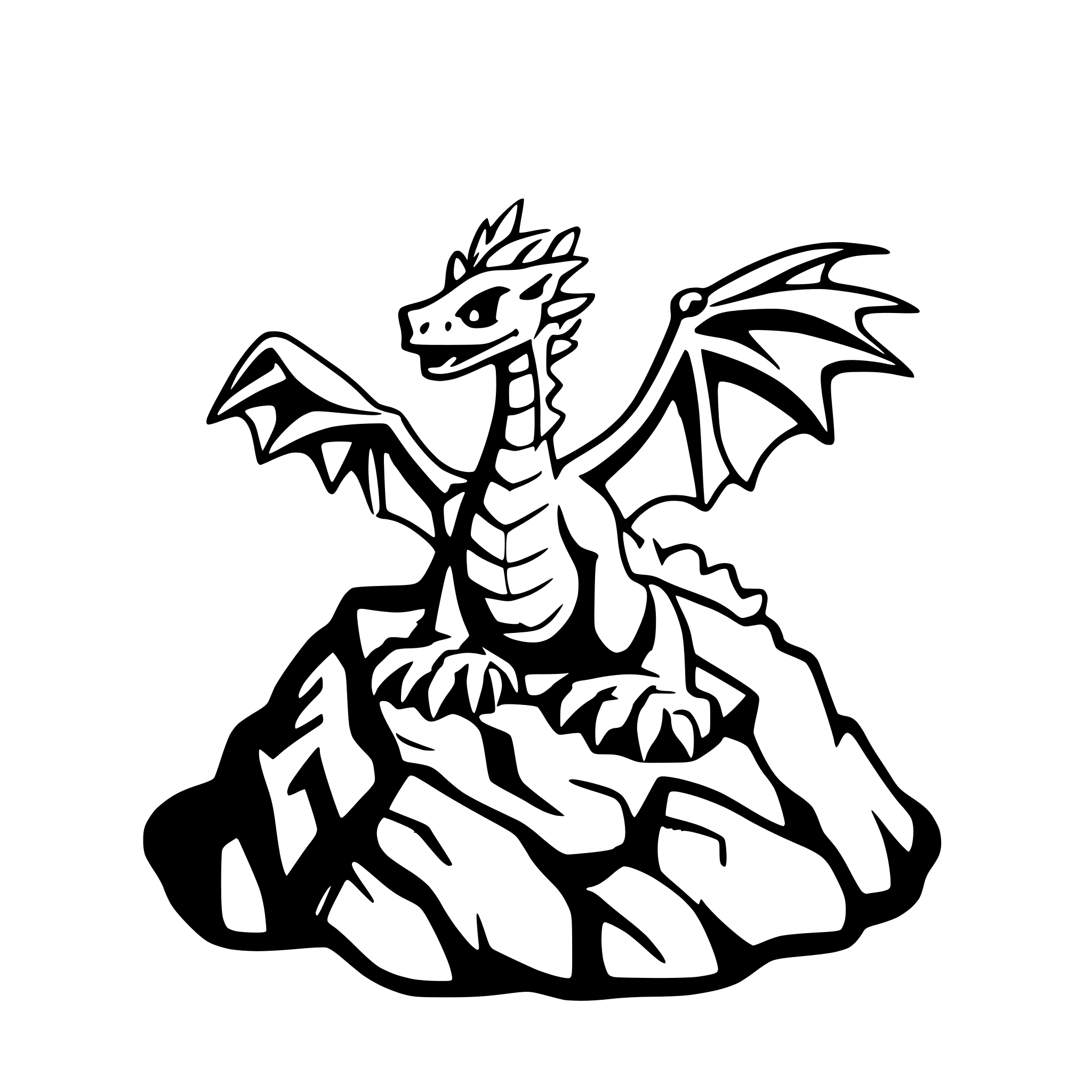 AI-generated SVG of a A mighty dragon sits atop a craggy mountain peak, its wings spread wide, surrounded by swirling clouds and a distant sun rising. AI-generated SVG of a A mighty dragon sits atop a craggy mountain peak, its wings spread wide, surrounded by swirling clouds and a distant sun rising.