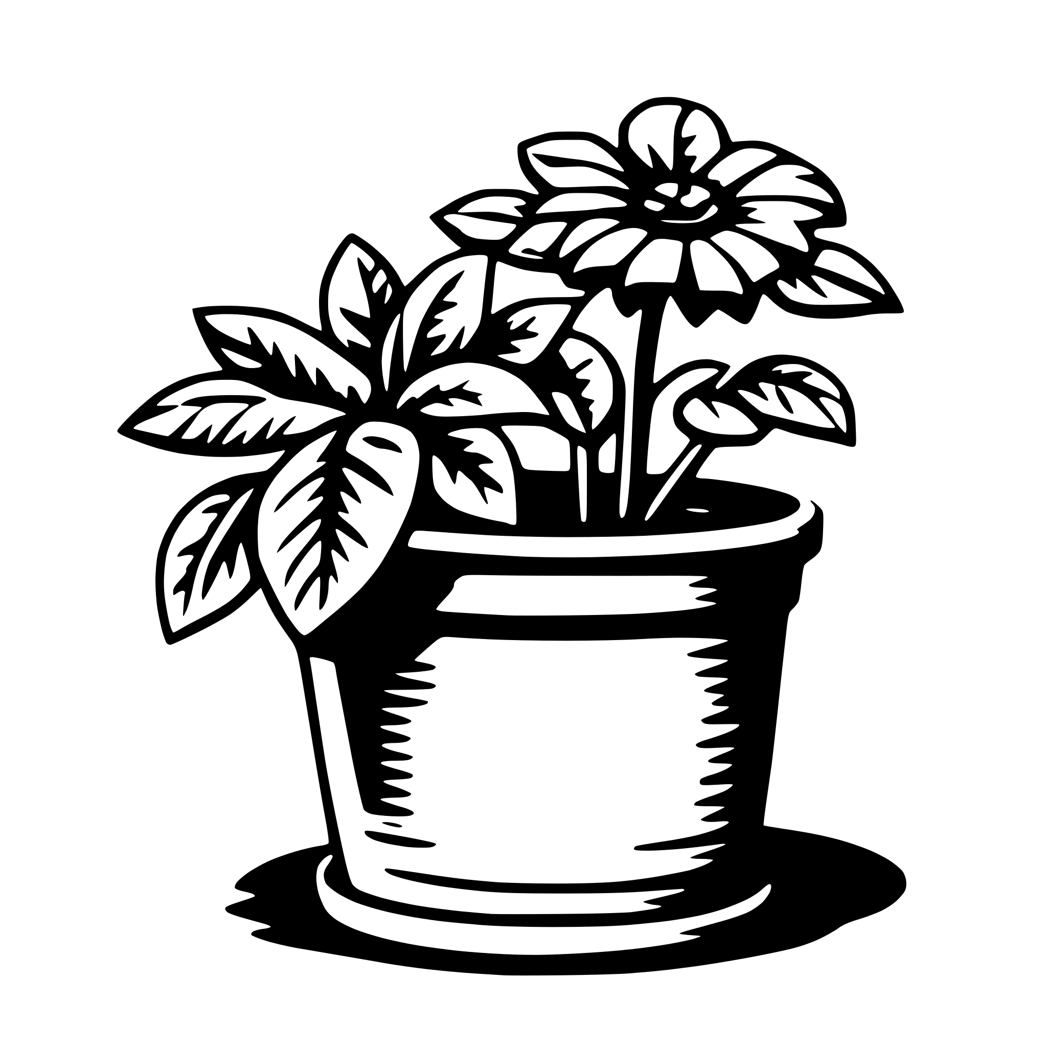The SVG depicts a stylized black and white illustration of a potted plant. The plant has a large, dark green leaf on the left side, a smaller leaf on the right, and a single dark green stem with a lighter green leaf at the top. The pot is round with a flared opening and a simple, dark green rim. The plant is centered in the pot, and the pot is placed on a flat surface. The SVG has a clean, minimalist aesthetic with a focus on the plant and pot. 
