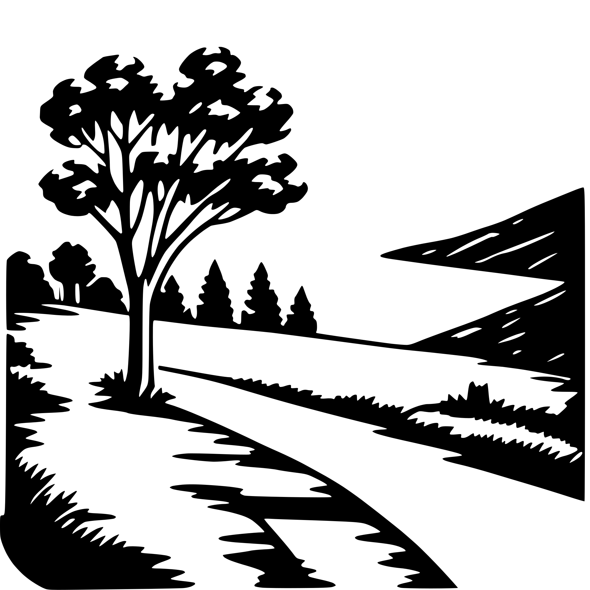 The SVG depicts a stylized, silhouette-style illustration of a landscape scene. The main objects are a tree, a path, and a body of water. The tree is on the left side of the SVG, with its trunk and branches extending upwards and outwards. The path curves gently to the right, leading towards the tree and disappearing into the distance. The water is on the right side, with a small, dark shape that could represent a boat or a dock. The background is a simple, flat color, providing a stark contrast to the black silhouette of the tree and path. The overall impression is one of tranquility and solitude, with the path inviting the viewer to imagine walking towards the tree. 