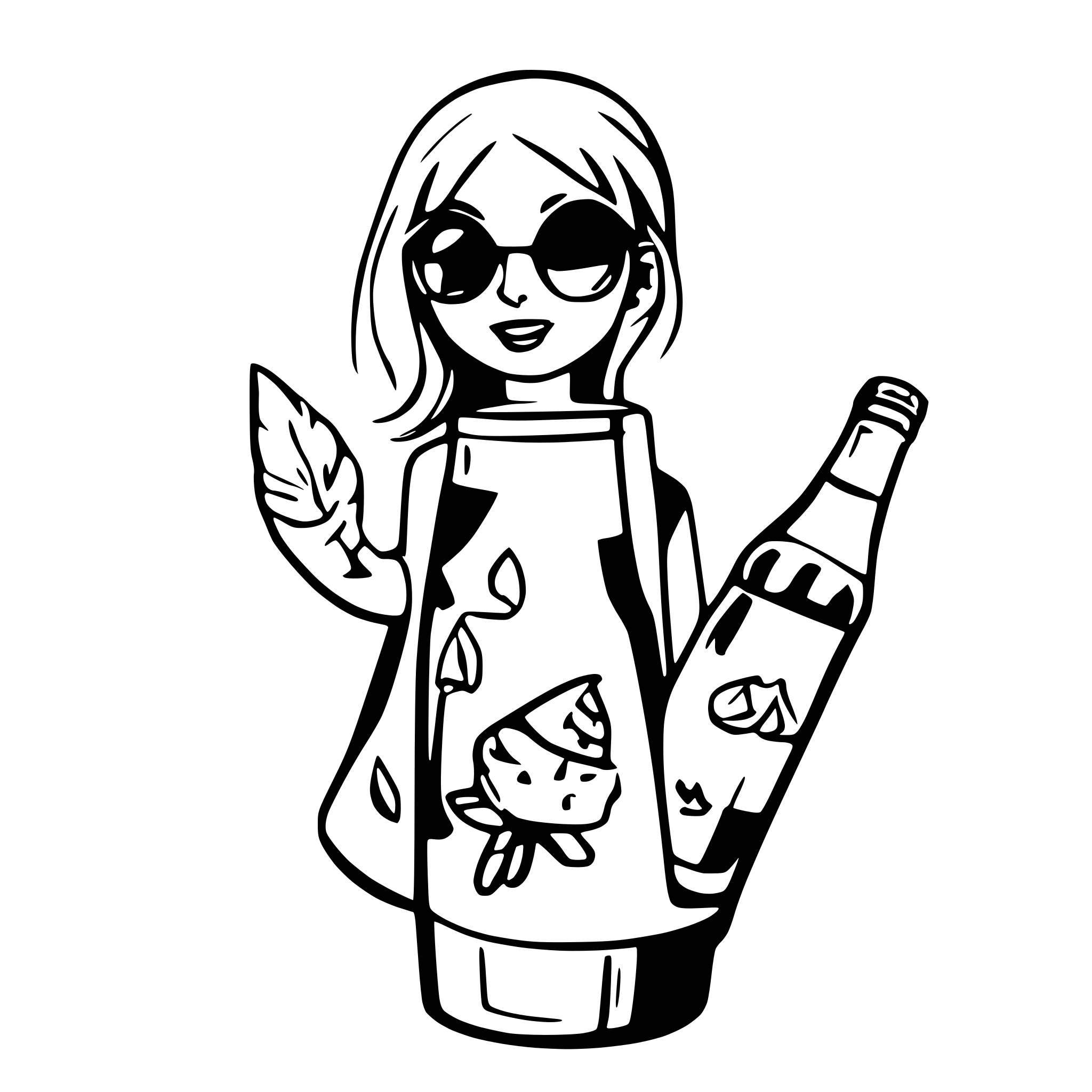AI-generated SVG of a beer bottle, dancing on a snail, with sunglasses on
