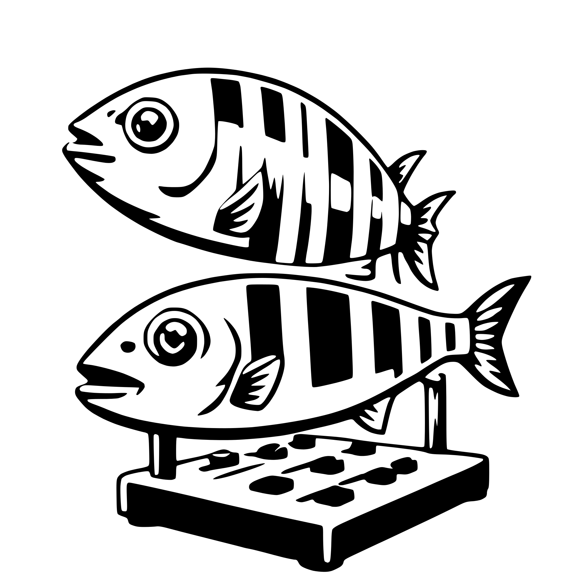 The SVG shows two stylized fish, one on top of the other, positioned on a scale. The fish are facing opposite directions, and their bodies are adorned with horizontal stripes. The scale has a series of numbered weights on it, indicating that it is used for measuring the weight of the fish. The fish appear to be balanced on the scale, suggesting that they are of equal weight. The overall style of the SVG is simple and cartoonish, with bold outlines and minimal shading. 