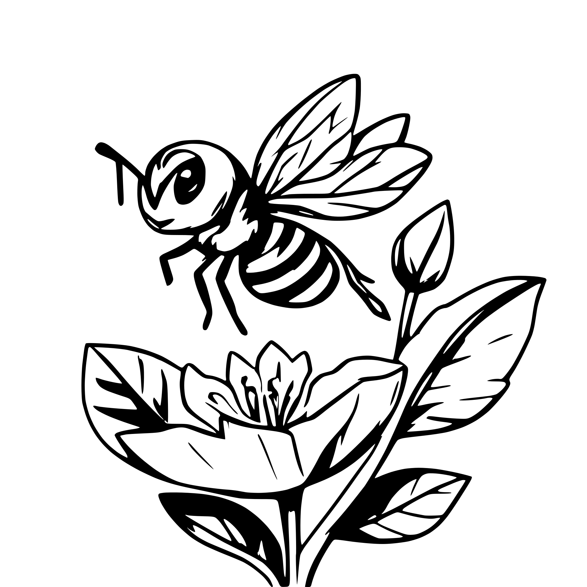 AI-generated SVG of a simple drawing of a bee hovering over a night blooming jasmine flower , minimalist black strokes.