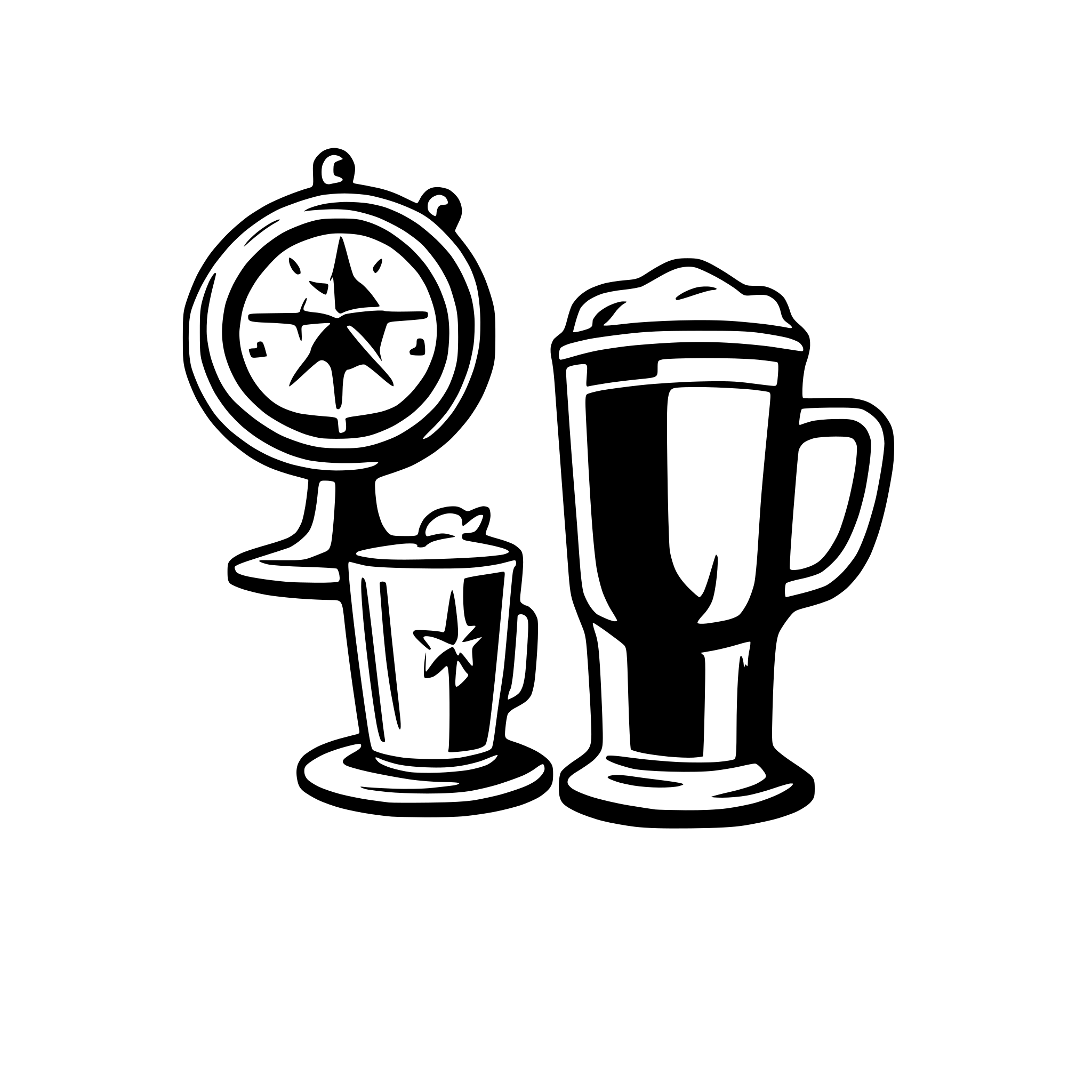 AI-generated SVG of a A large compass in the background, Two mugs of beer in the foreground