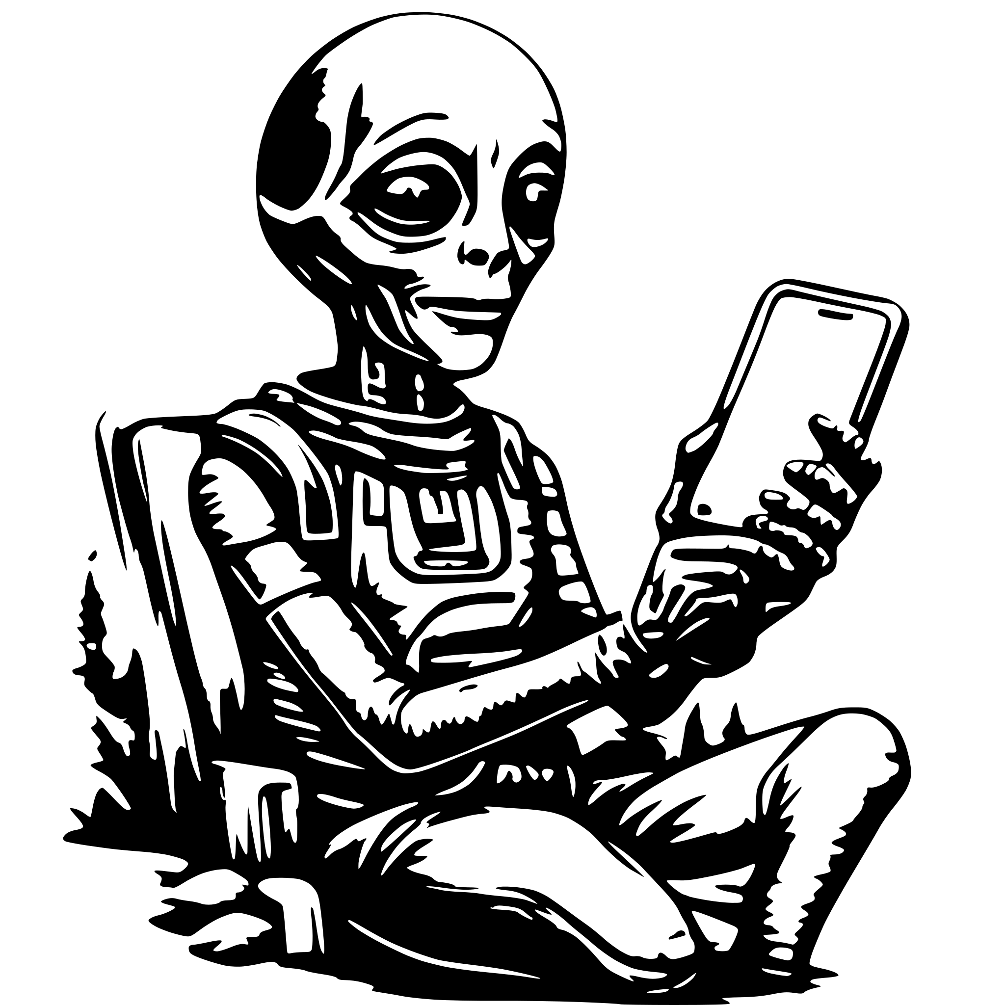 AI-generated SVG of a friendly alien with smartphone