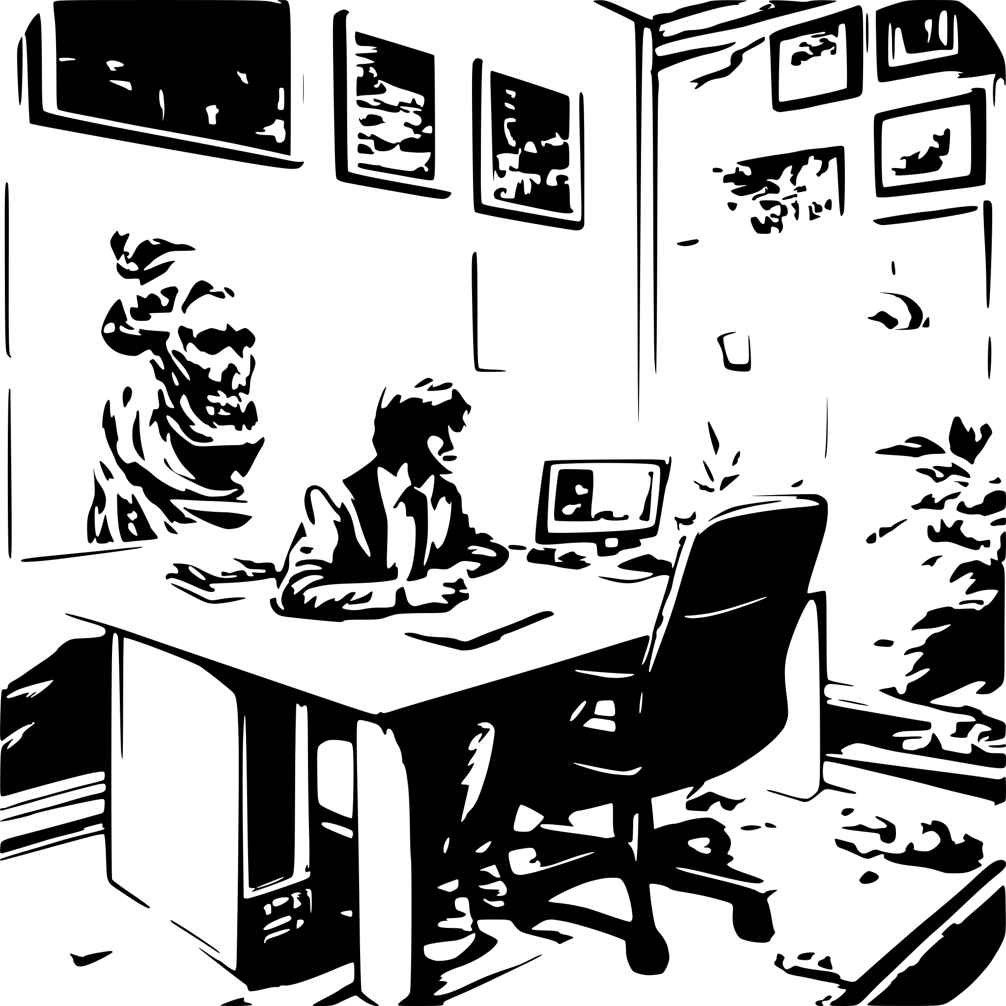 AI-generated SVG of '"A dimly lit office with a computer displaying a website with no visitors and a frustrated person in the foreground."'