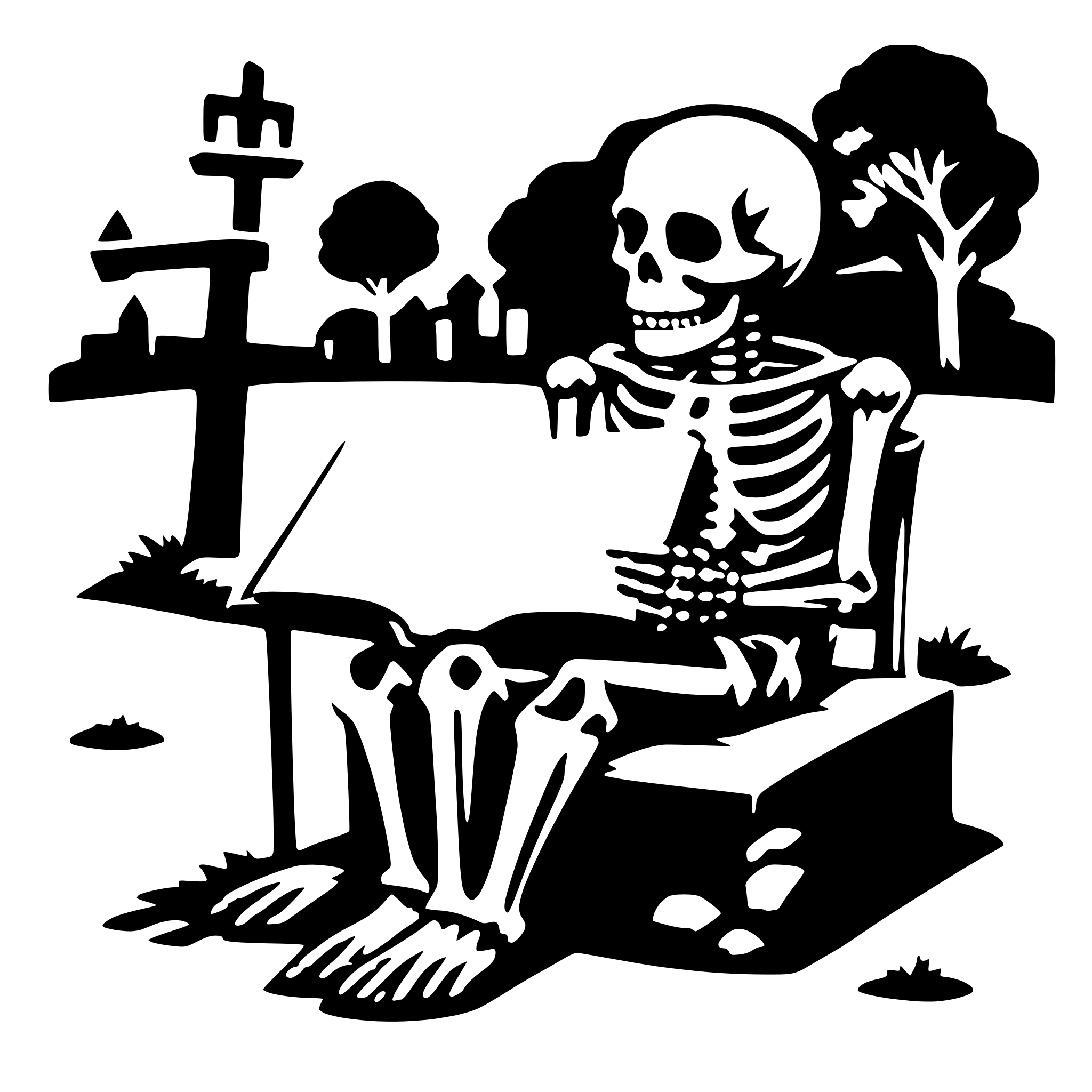 AI-generated SVG of a a skeleton on a cemetery reading a big book