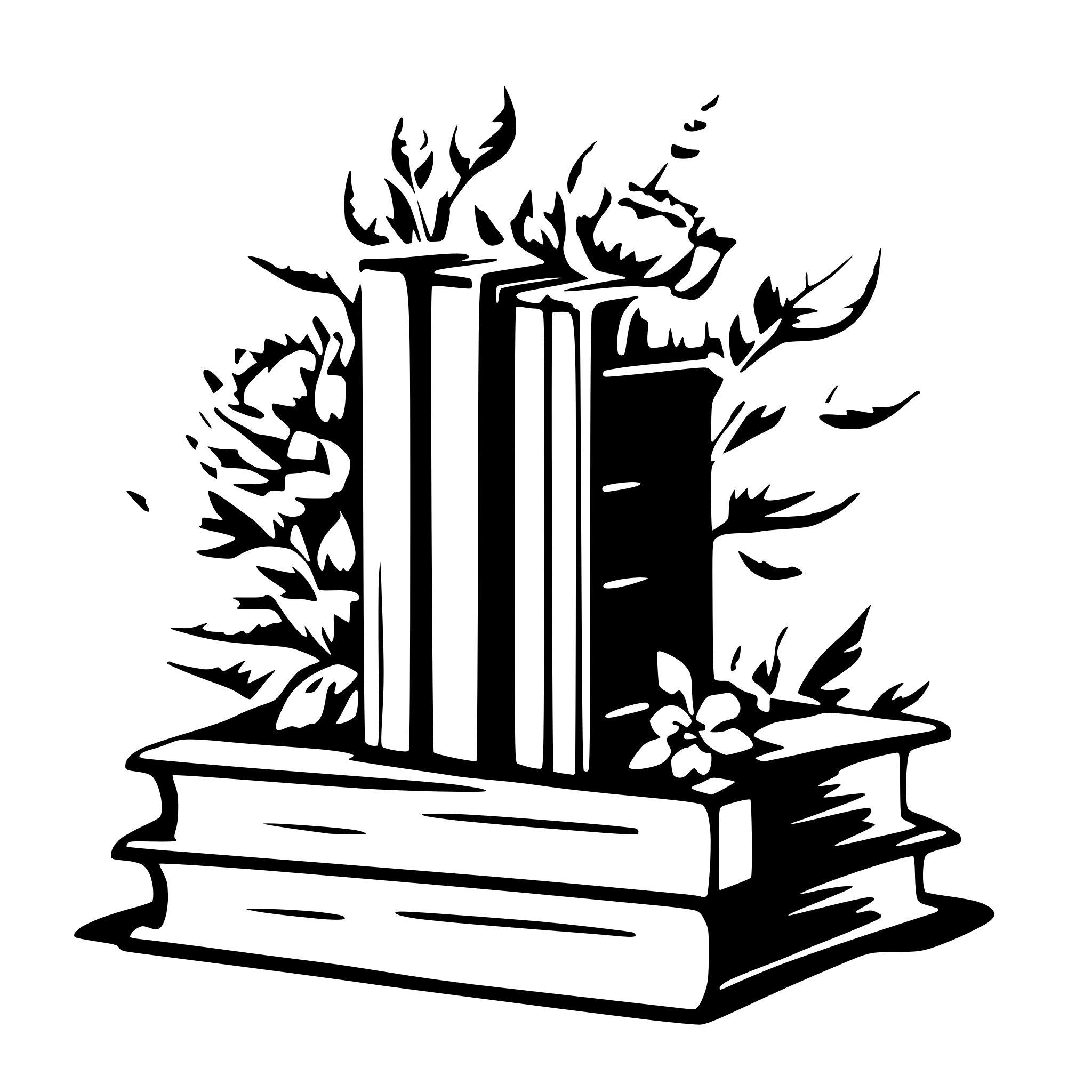 AI-generated SVG of 'Eleven books  with visible spines and surrounding flowers'
