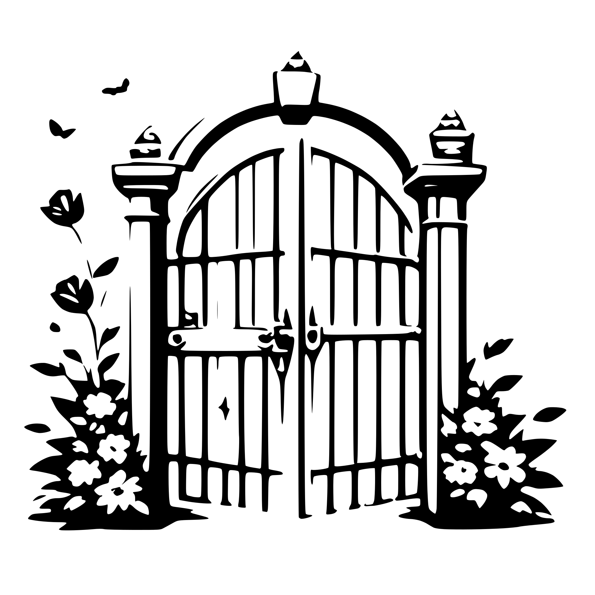 AI-generated SVG of a a romantic gate with flower wreaths