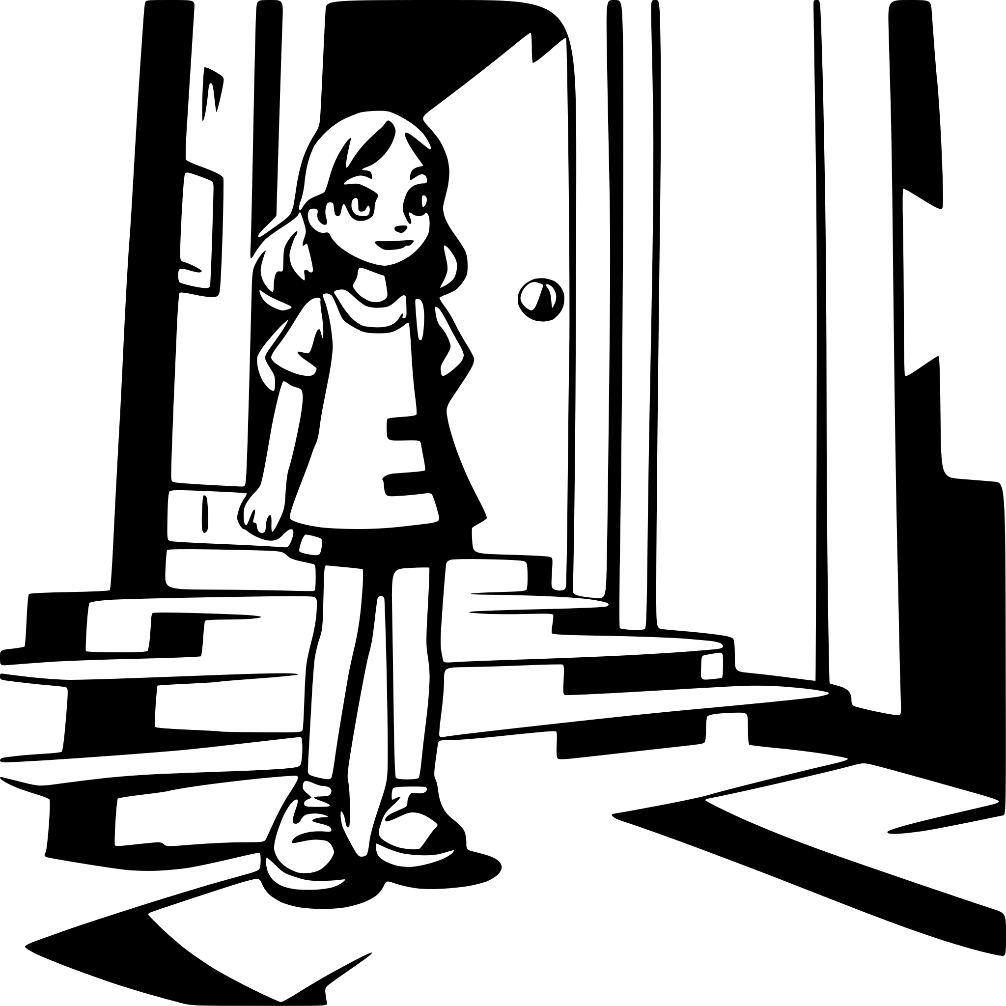 AI-generated SVG of a girl standing at the bottom of the stairs attempting to take next step to upstairs side view colorful