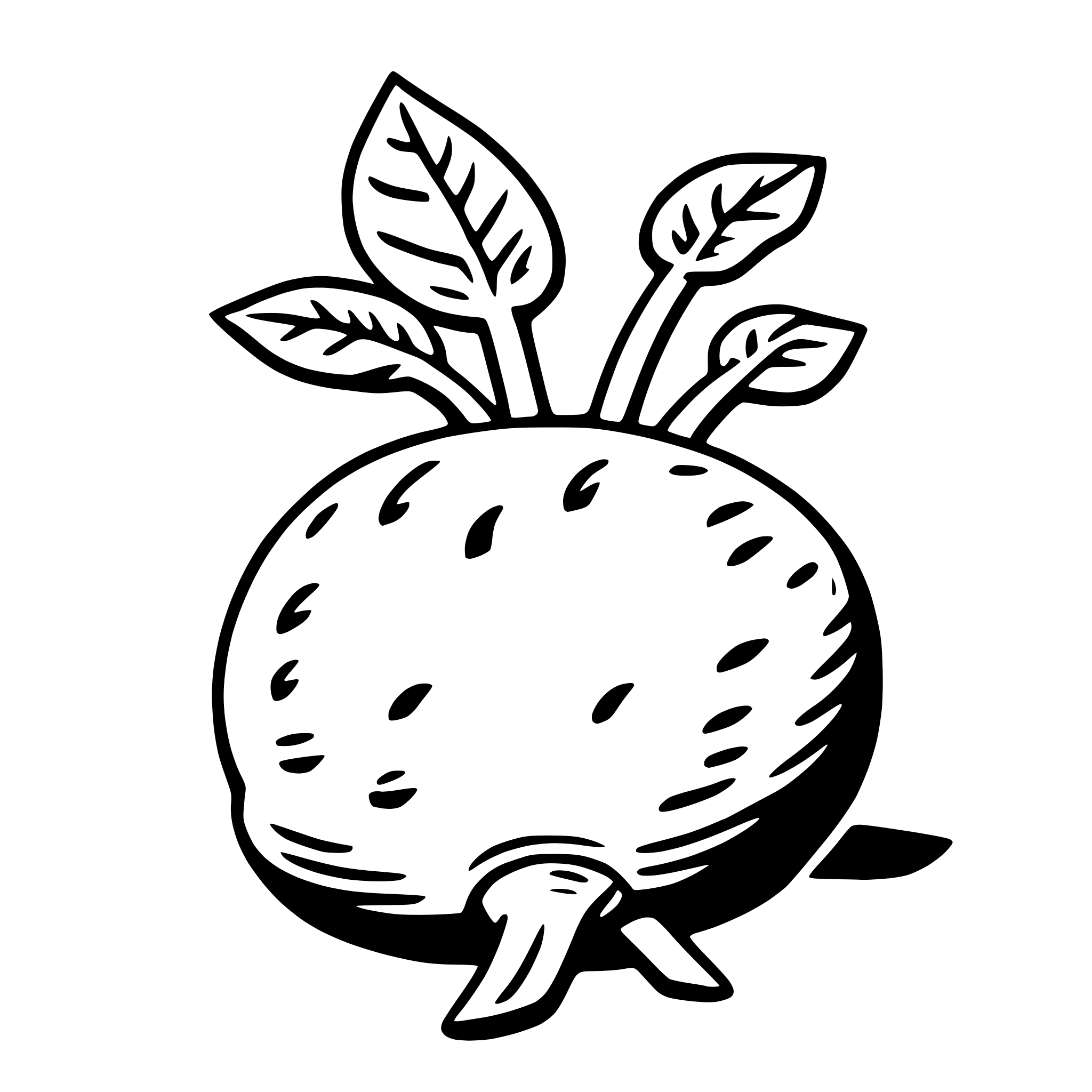 The SVG depicts a stylized, cartoon-like illustration of a fruit, possibly a pear or an apple, with a stem and leaves attached to the top. The fruit has a textured surface with small dots, suggesting a skin or peel. The leaves are drawn with a simple outline, showing the veins and the shape of the leaf. The stem is thin and extends from the top of the fruit. The fruit is positioned on a flat surface, and the leaves are arranged in a way that they appear to be growing from the stem. The overall style is minimalistic and appears to be designed for a logo or icon. 