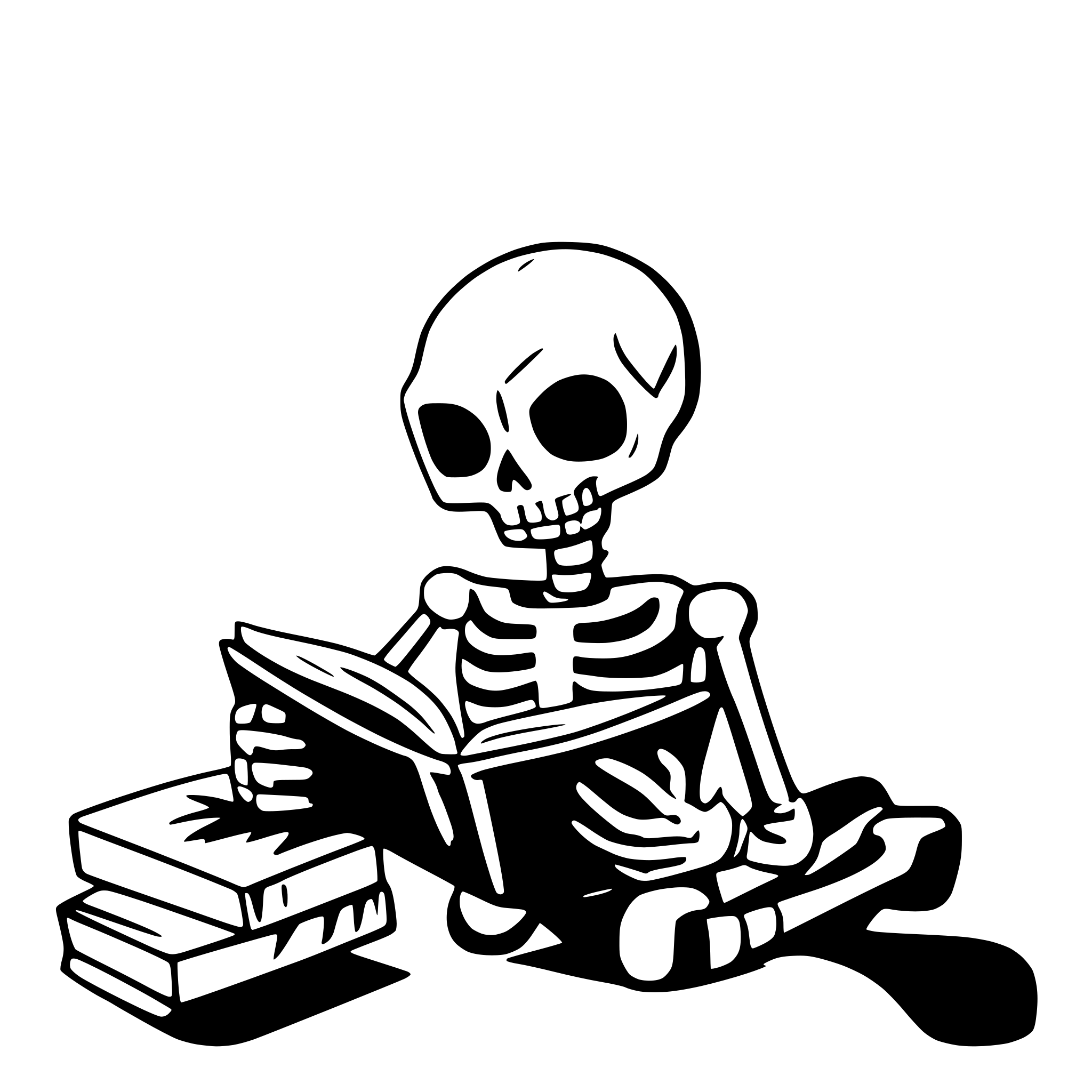 AI-generated SVG of a skeleton reading a book