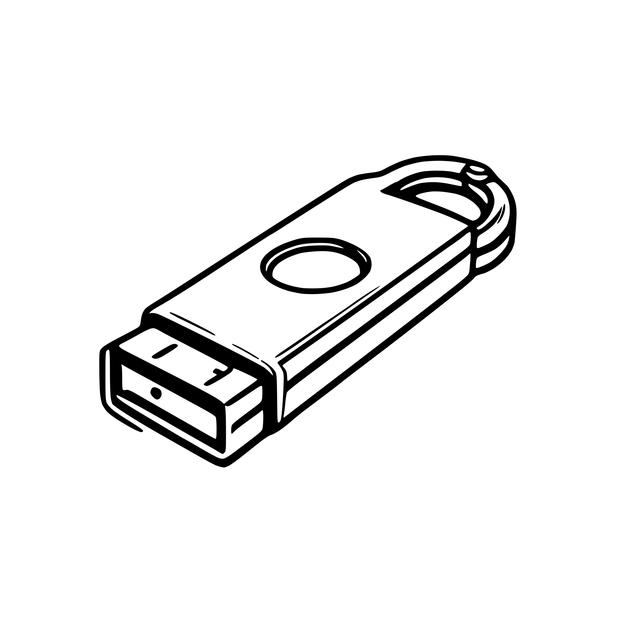 AI-generated SVG of a Create a detailed SVG-style illustration of a modern USB flash drive with a sleek, metallic circular body and an integrated keyring loop, similar to a carabiner. The flash drive is made of brushed silver metal and features two clearly visible connectors: a USB-A on one end and a USB Type-C on the other. The connectors should be prominent and realistic. The surface is smooth and clean, with no logos or text. The design is compact, minimalistic, and slightly curved. Use subtle shadows and reflecti