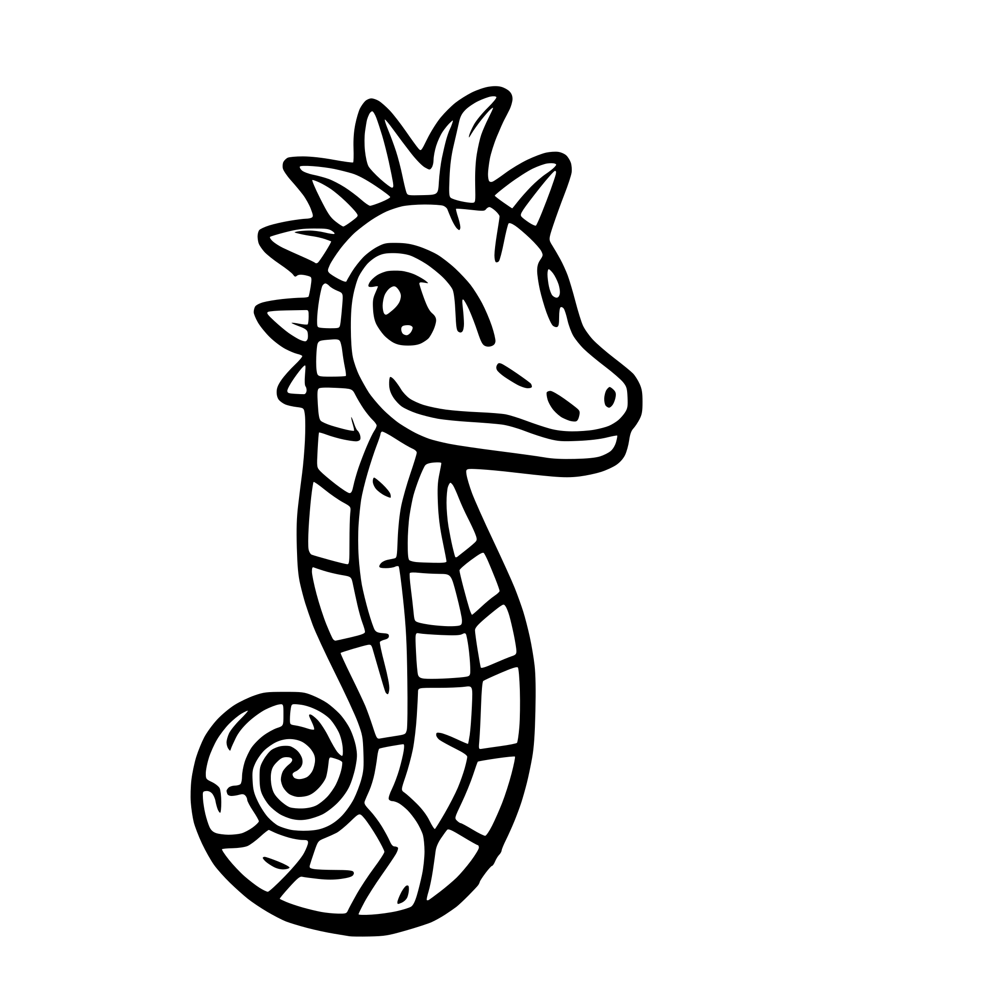 AI-generated SVG of a slightly cartoonish seahorse colored in yellow and gold with black accents