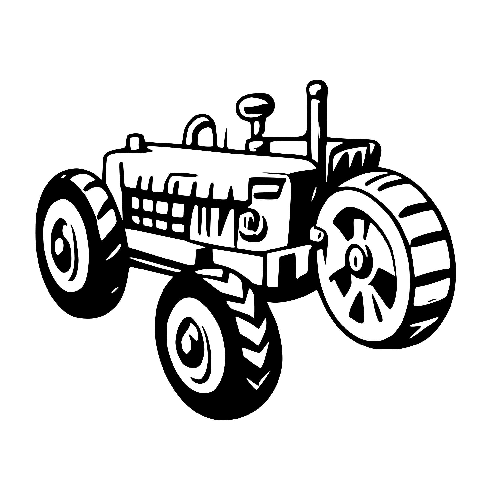 AI-generated SVG of a green tractor with spinning wheels with yellow rims. it should be visible from one side