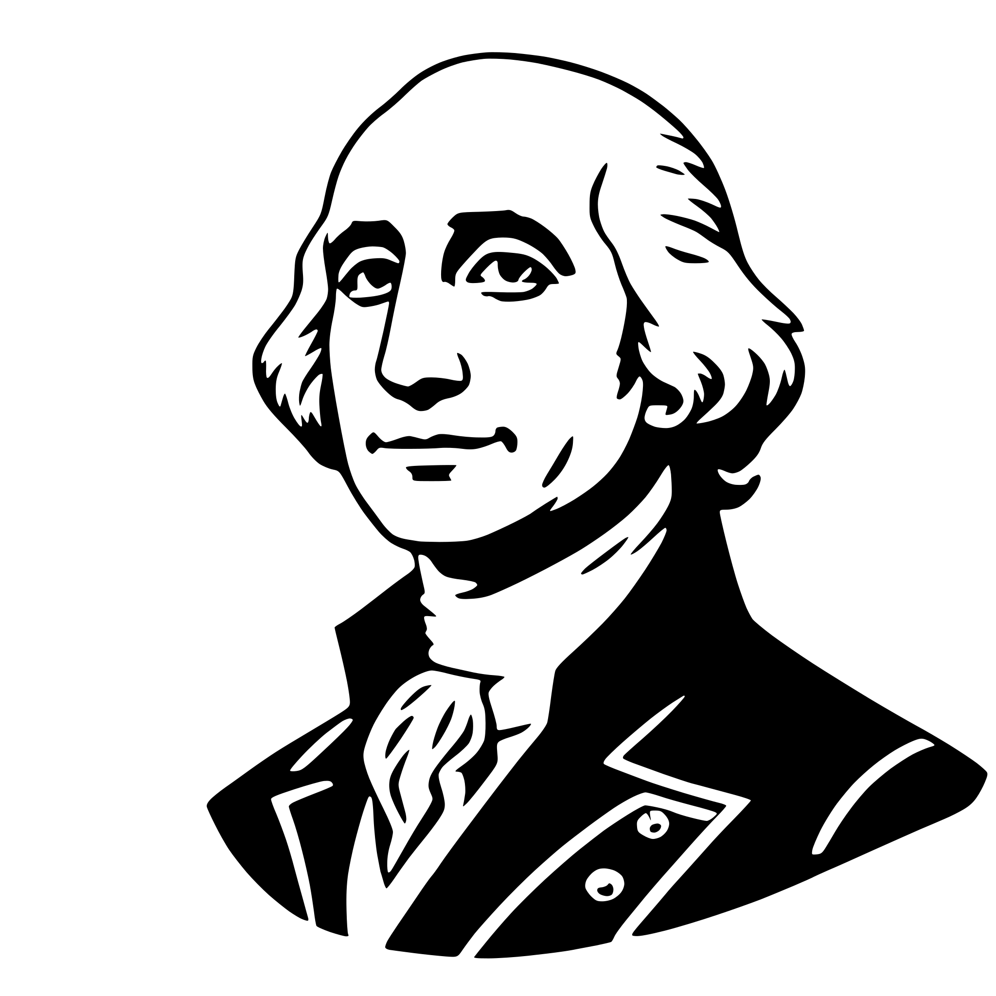 The SVG is a black and white vector illustration of a portrait of a man. The man is depicted with a serious expression, wearing a suit with a white shirt and a dark tie. He has a wig that is styled in a manner consistent with historical fashion, suggesting a representation of a figure from a past era. The man's hair is neatly combed and parted, and he has a well-groomed beard and mustache. The portrait is framed by a simple outline that defines the shape of the man's head and shoulders. The SVG does not contain any text or additional elements. The style of the illustration is minimalistic and appears to be designed for clarity and simplicity. 