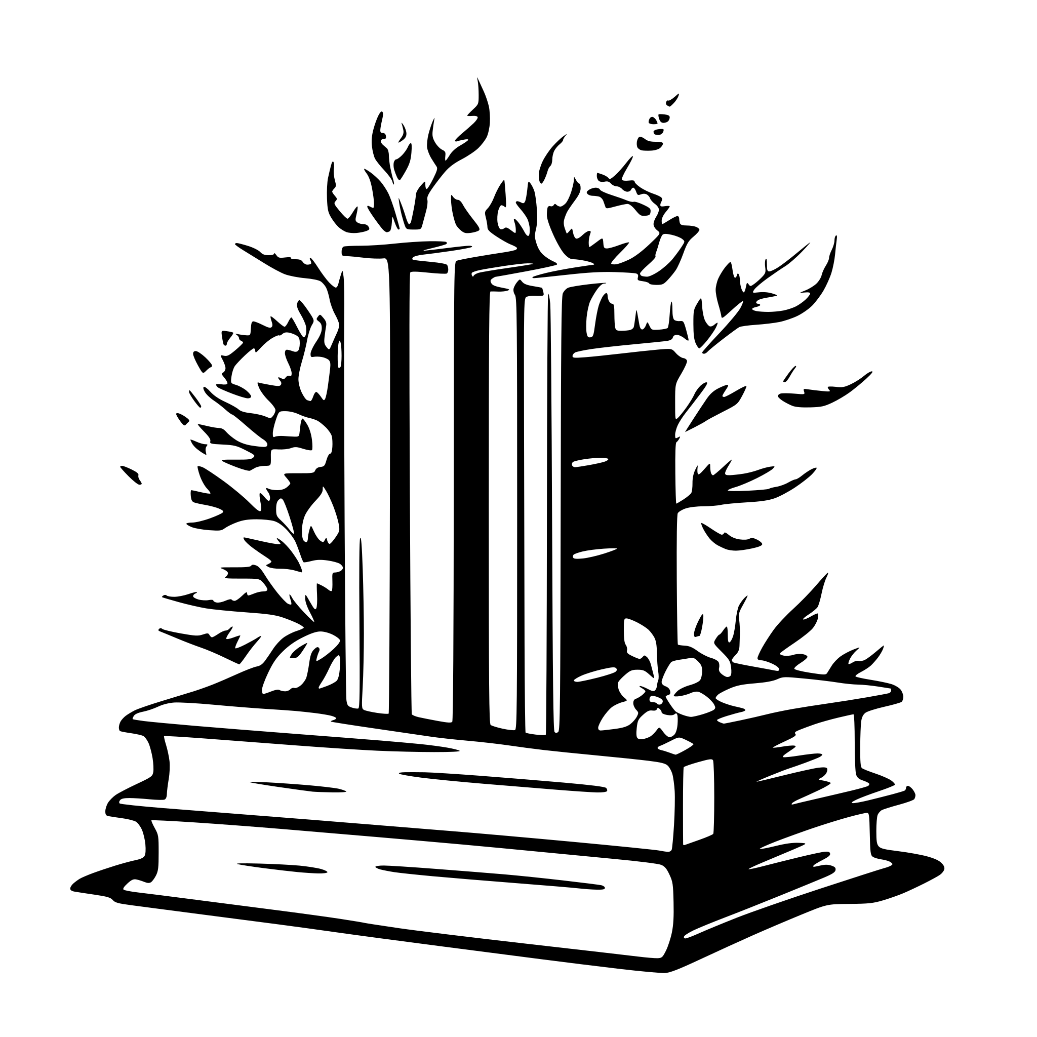 AI-generated SVG of a Eleven books  with visible spines and surrounding flowers