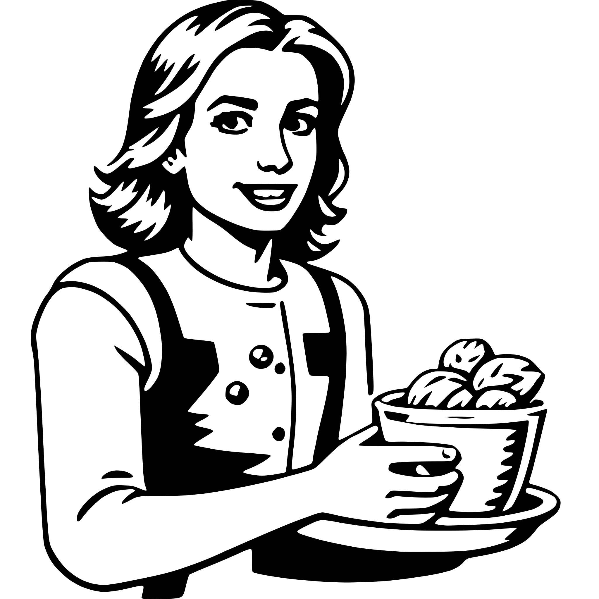 The SVG depicts a stylized illustration of a woman holding a bowl of what appears to be pastries or baked goods. She is smiling and seems to be presenting the bowl to the viewer. The woman is wearing a white blouse with a black vest and has short, wavy hair. The bowl she holds is round with a handle on one side. The illustration is simple and uses solid colors with no gradients or shading, giving it a flat design appearance. 