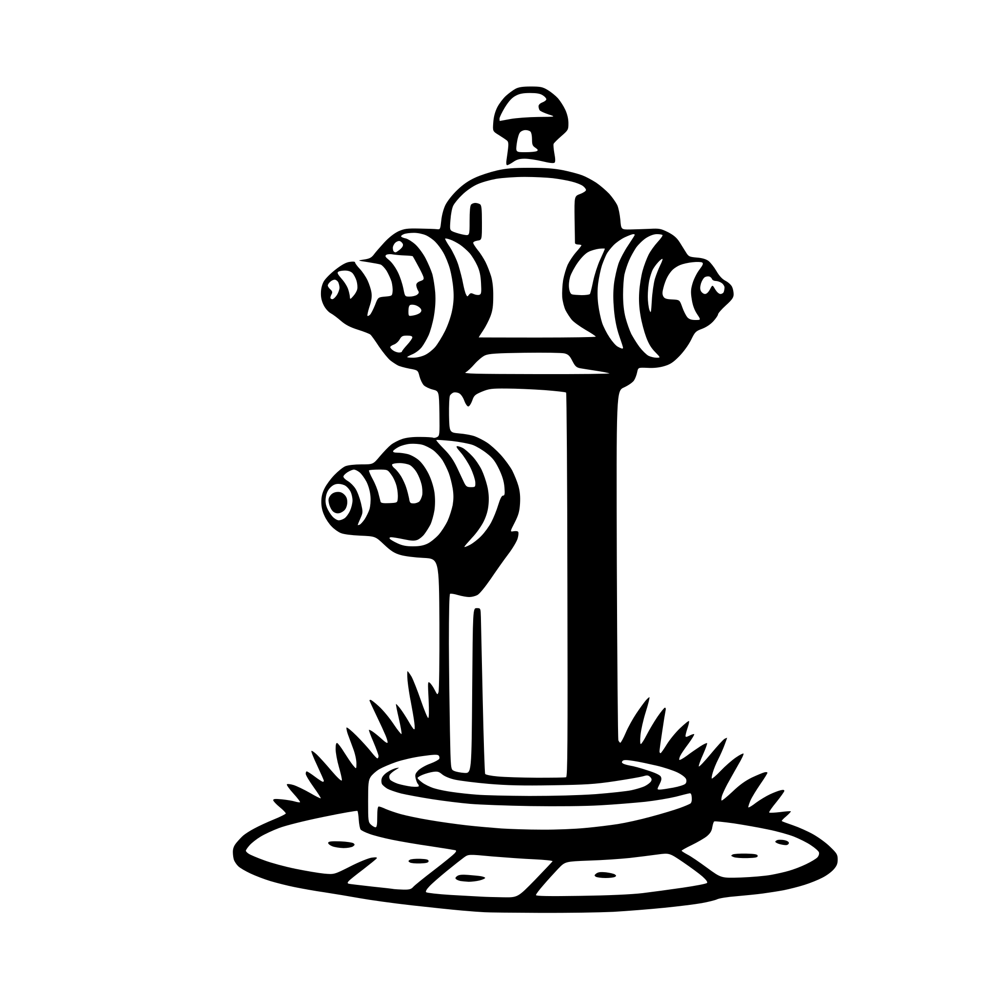 The SVG shows a black and white line drawing of a fire hydrant. The hydrant has a cylindrical body with a flange at the bottom, which is likely to be the base for securing it to the ground. It has a central spout with two side nozzles, which are typically used for different purposes, such as firefighting and flushing the water system. The hydrant is depicted with a cap on top, which is used to close the outlet when not in use. The background is plain white, which contrasts with the black lines of the hydrant, emphasizing its shape and features. 