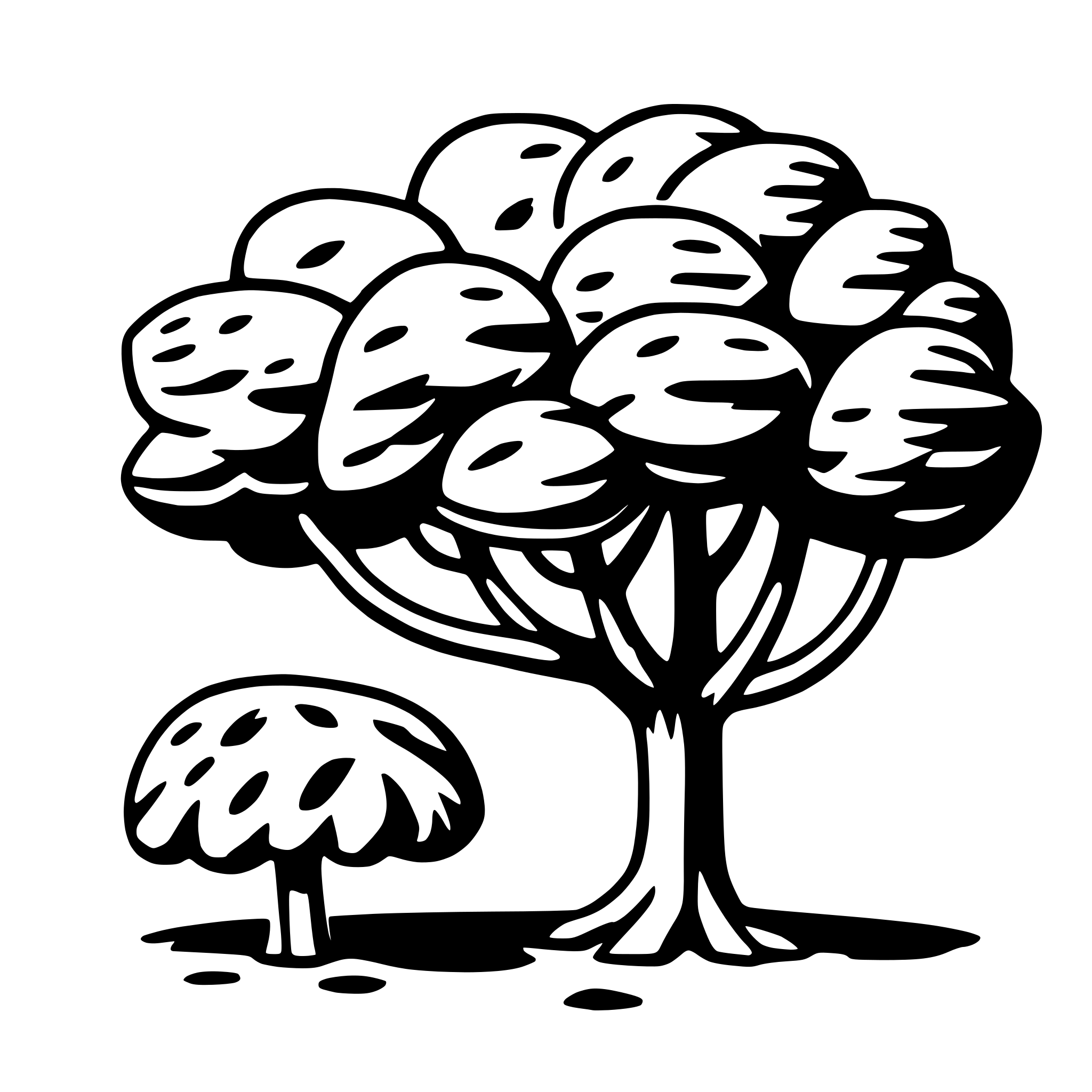 The SVG features a stylized tree with a full canopy of leaves and a single mushroom growing at its base. The tree and mushroom are depicted in a simple, cartoon-like style with solid black outlines and no shading or coloring. The mushroom is smaller than the tree and is positioned directly beneath the tree's trunk. The leaves of the tree are arranged in a symmetrical pattern, with each leaf having a distinct shape and texture. The overall impression is one of a whimsical, fairy-tale-like scene. 
