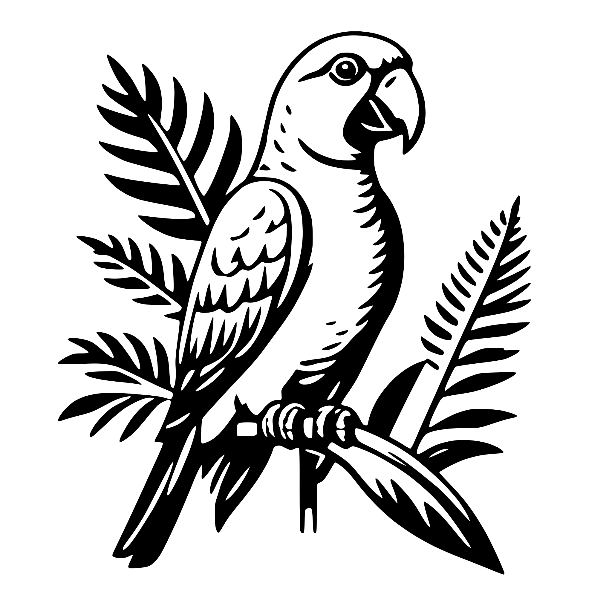 The SVG features a stylized illustration of a parrot perched on a branch. The parrot is depicted with a prominent beak, large eyes, and a detailed plumage pattern. The branch has a few leaves, and the background is plain white. The parrot is facing to the right, and the overall style of the SVG is simple and graphic, with bold outlines and minimal shading. 